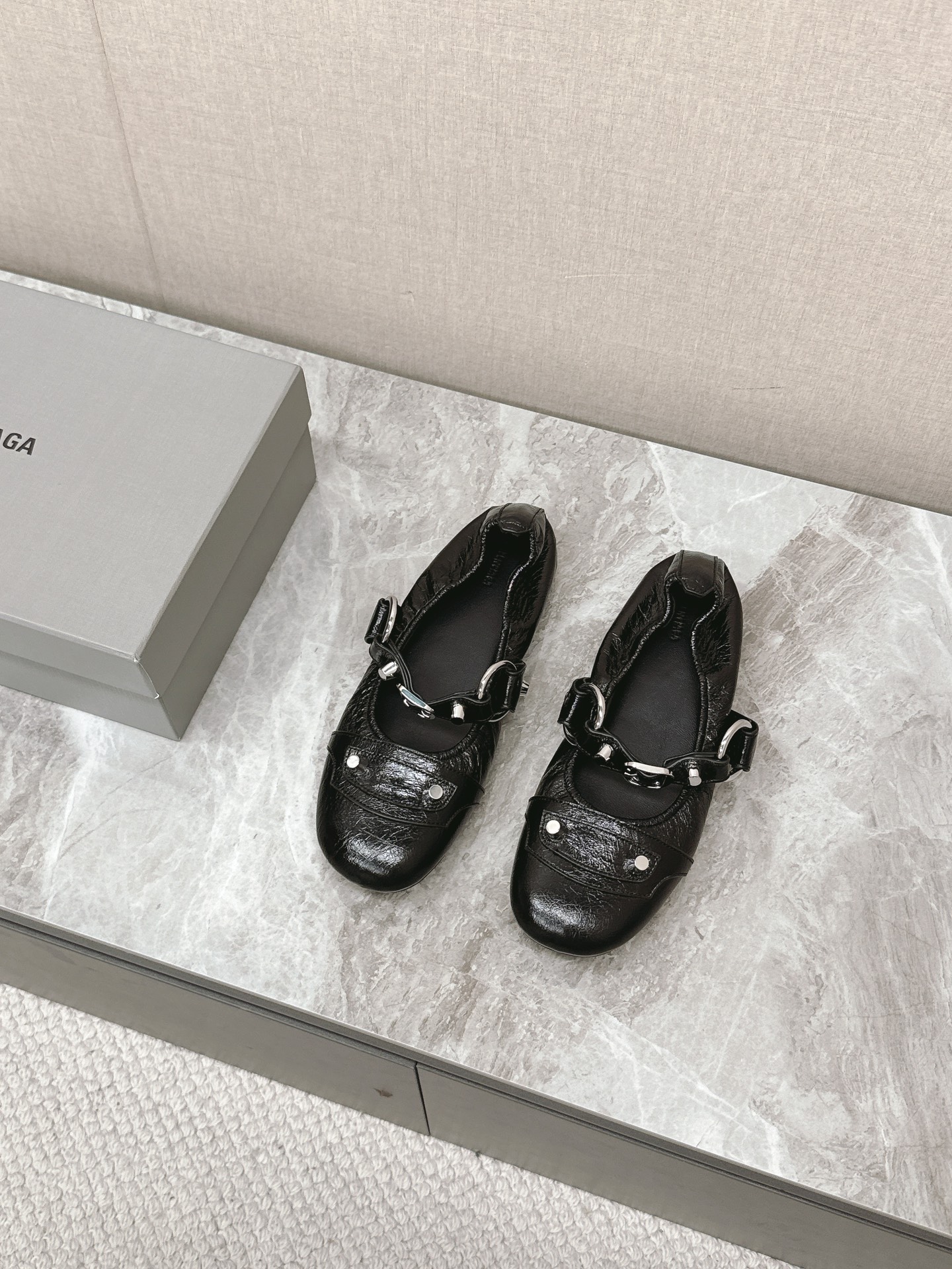 Balenciaga Cagole Black Arena Leather Studded Buckle Strap Moto Mary Janes Ballerina Flats - KAIROO