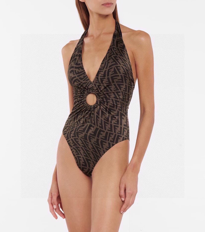 Fendi FF Vertigo Print Halter Twist Halter Ring One-Piece Swimsuit/10A - KAIROO