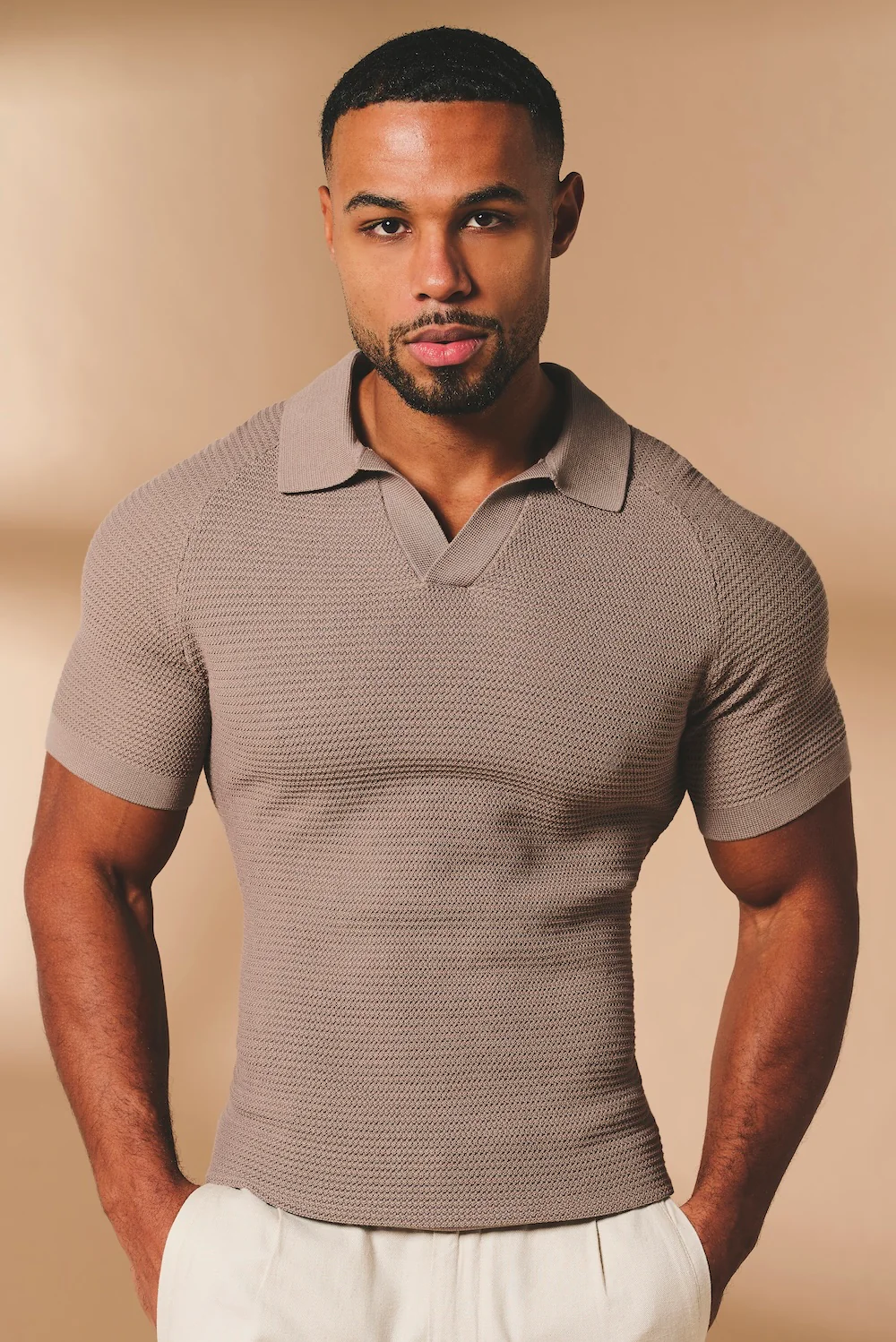 Textured Knitted Open Collar Polo Shirt in Mink
