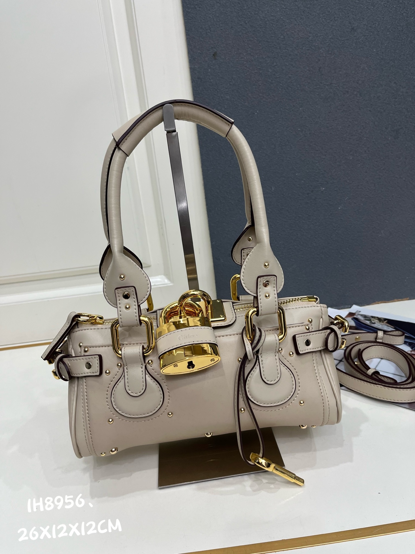 Chloe Paddington Beige Mini Oversized Rivet Padlock Key Smooth Leather Hobo Top Handle Bag - KAIROO