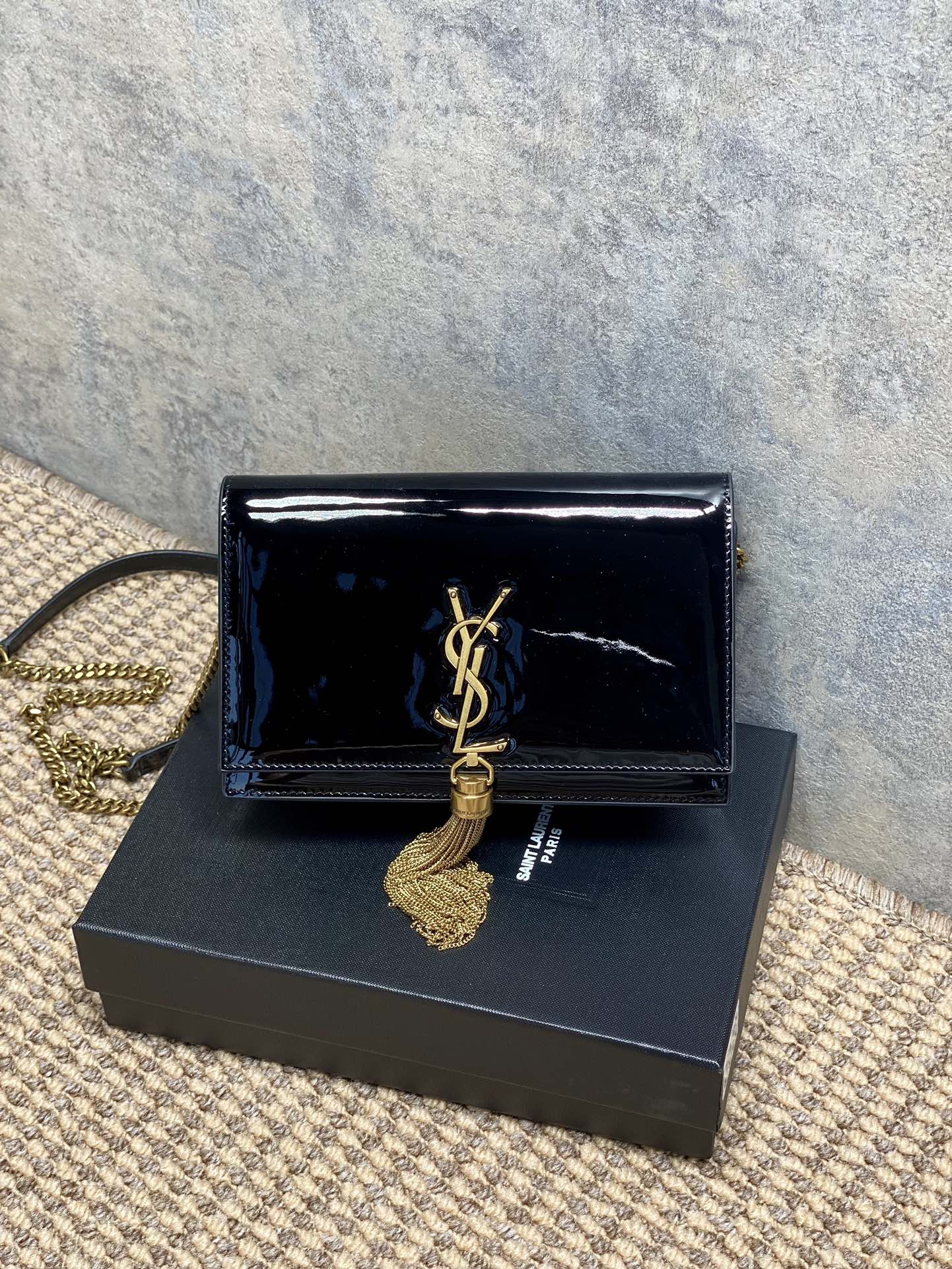Saint Laurent Rectangular Black Patent Leather Chain Shoulder Bag with Gold Tassel - KAIROO