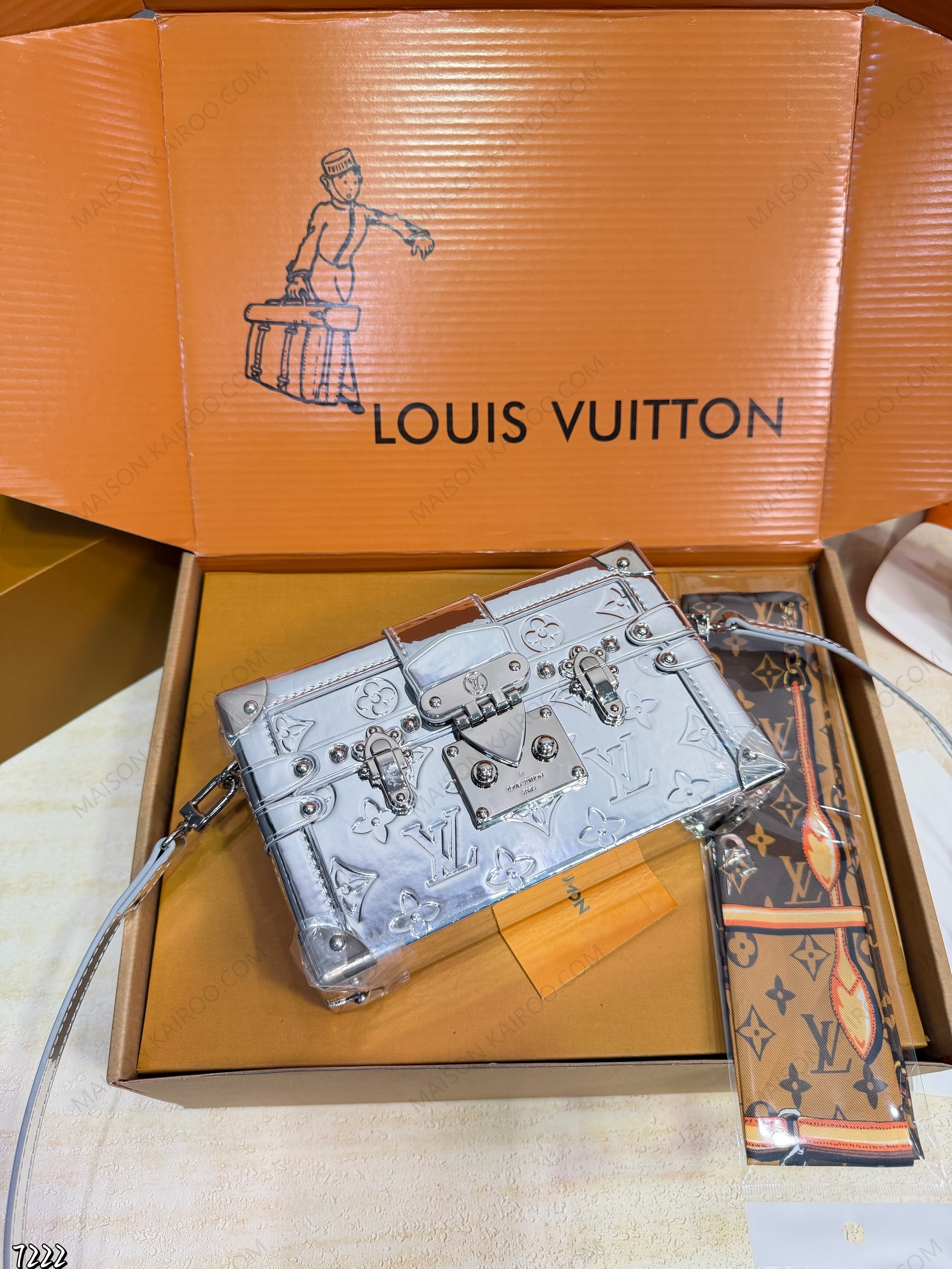 Louis Vuitton LV Petite Malle Trunk Mirror Silver Metallic Debossed Monogram Leather Crossbody Bag - KAIROO