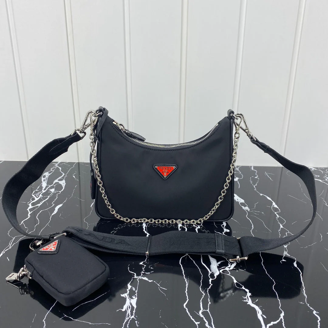 Prada HOBO 22 BAG IN BLACK RE-NYLON WITH RED LOGO