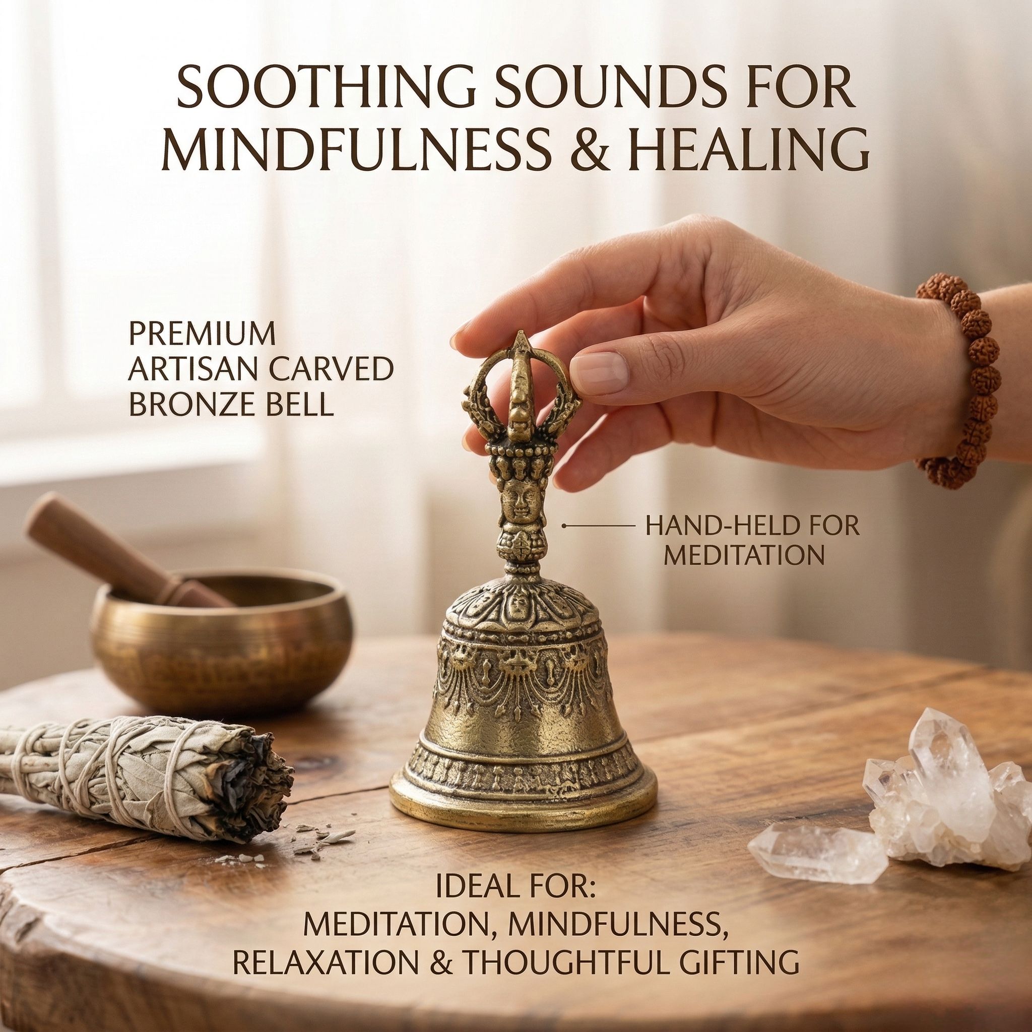 Premium Carved Bronze Handbell - Vintage Ornate Call Bell with Clear Resonant Ring - Decorative Handheld Chime for Weddings, School Classrooms, Church & Meditation