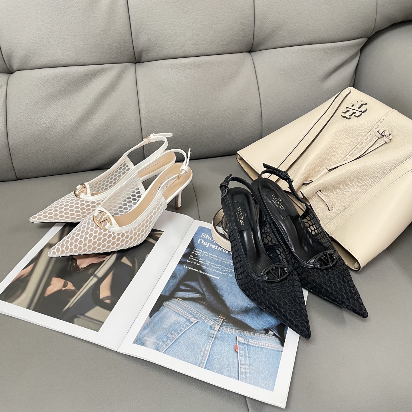 Valentino Garavani VLogo Pointed Toe Breathable Mesh Leather Slingback Pumps Kitten Heels - KAIROO