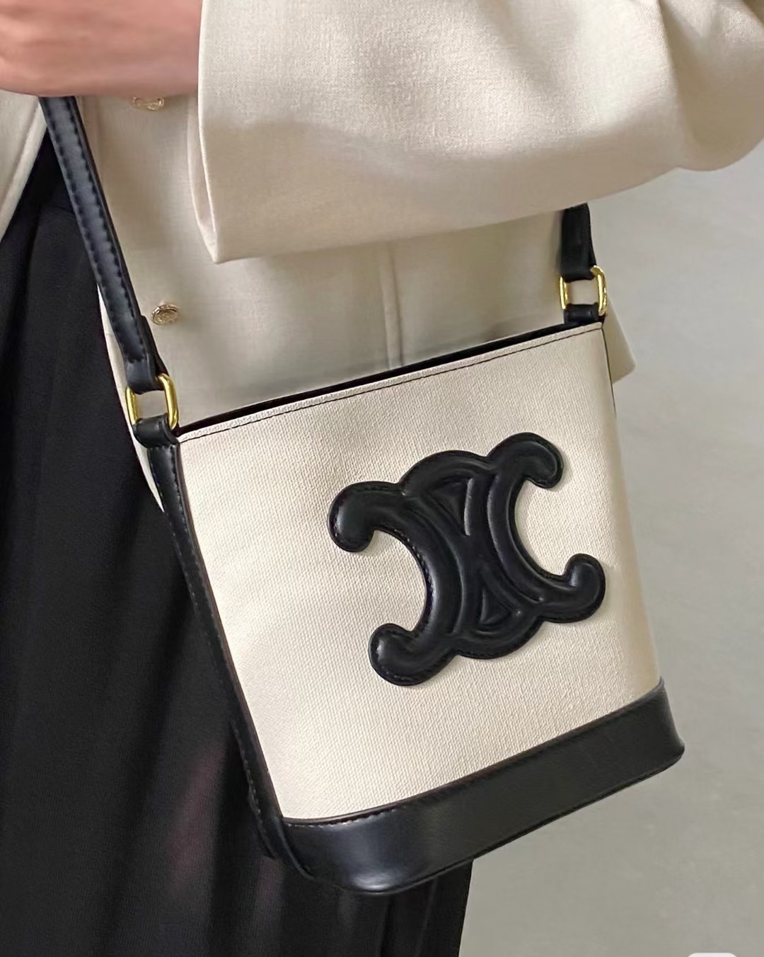 Celine Small Textile Calfskin Trim Cuir Triomphe Logo Adjustable Shoulder Bucket Tote Bag - KAIROO