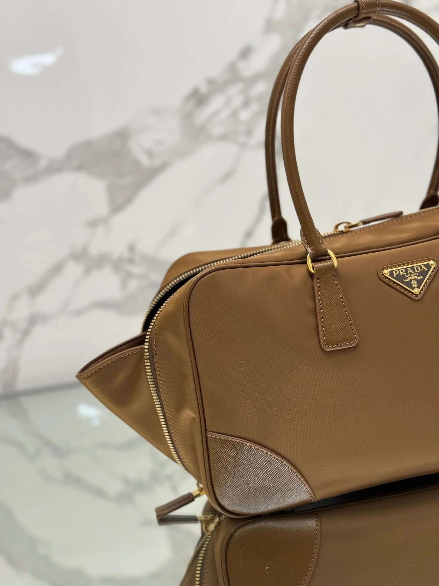 Prada LARGE TOP HANDLE BAG 35 IN CHERRY WOOD NYLON AND CALFSKIN TRIM