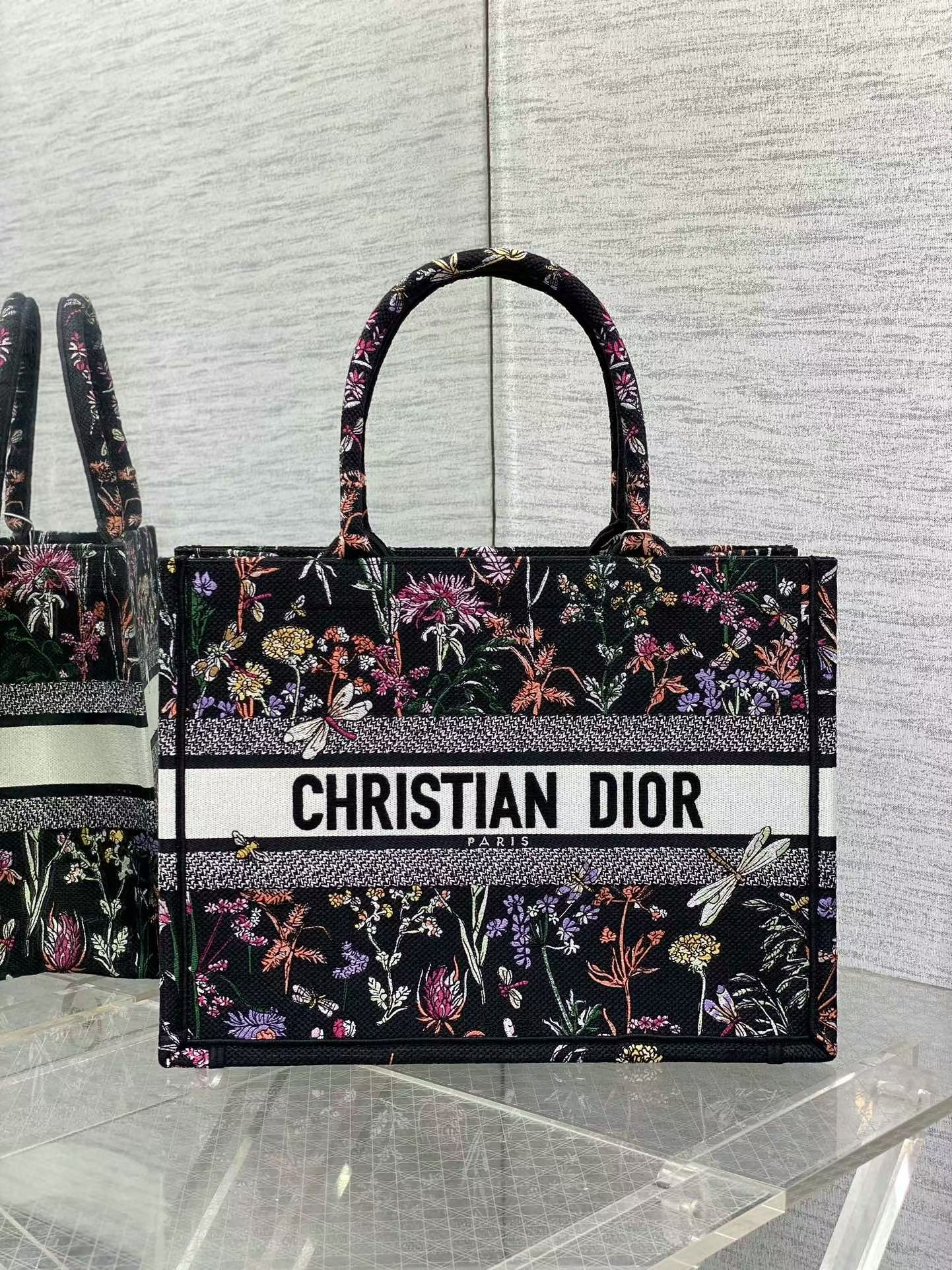 Dior Book Tote Medium Bag in Black Floral and Insect Embroidery - KAIROO