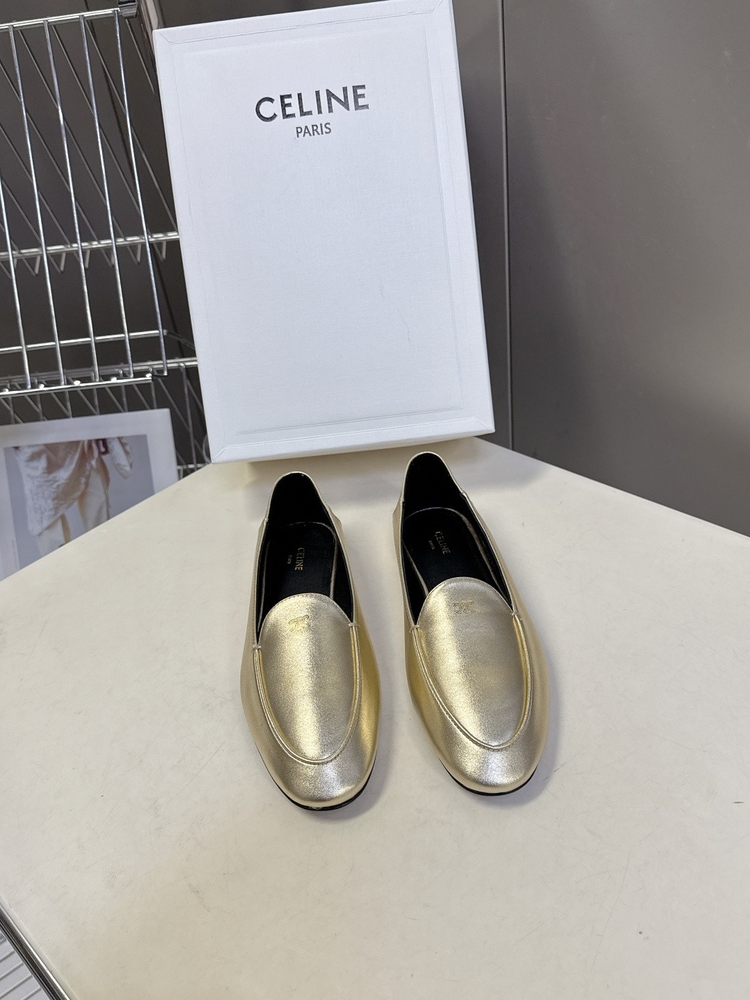 Celine Smooth Leather Triomphe Embossed Logo Round Toe Slip-On Loafers - KAIROO