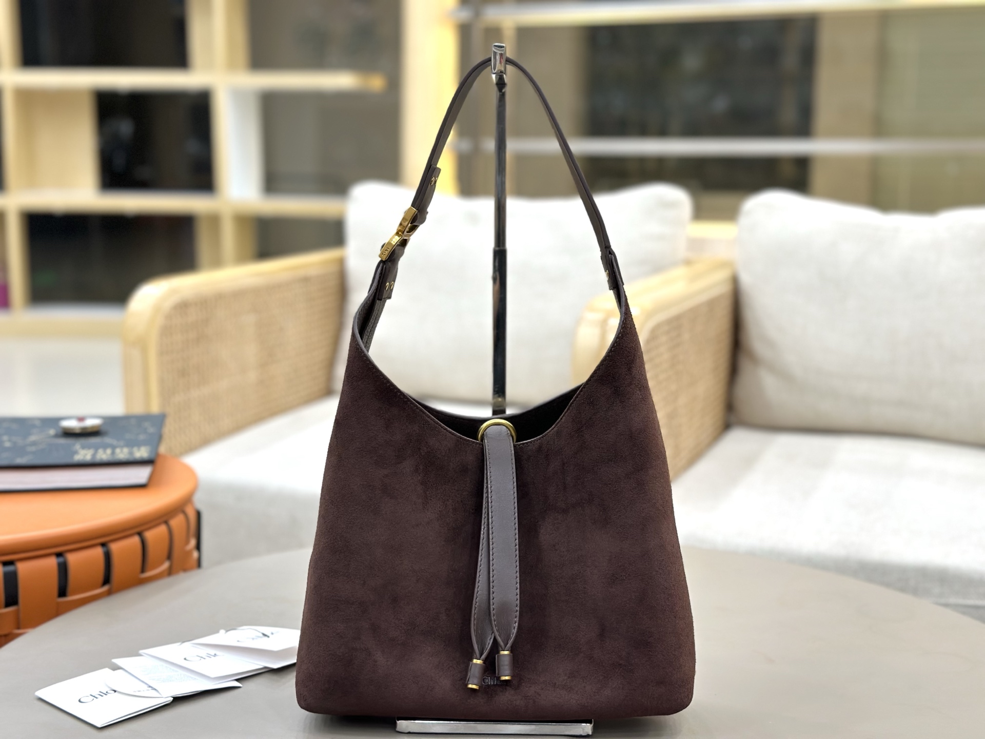 Chloe Small Marcie Hobo Bag in Suede Calfskin-Chocolate