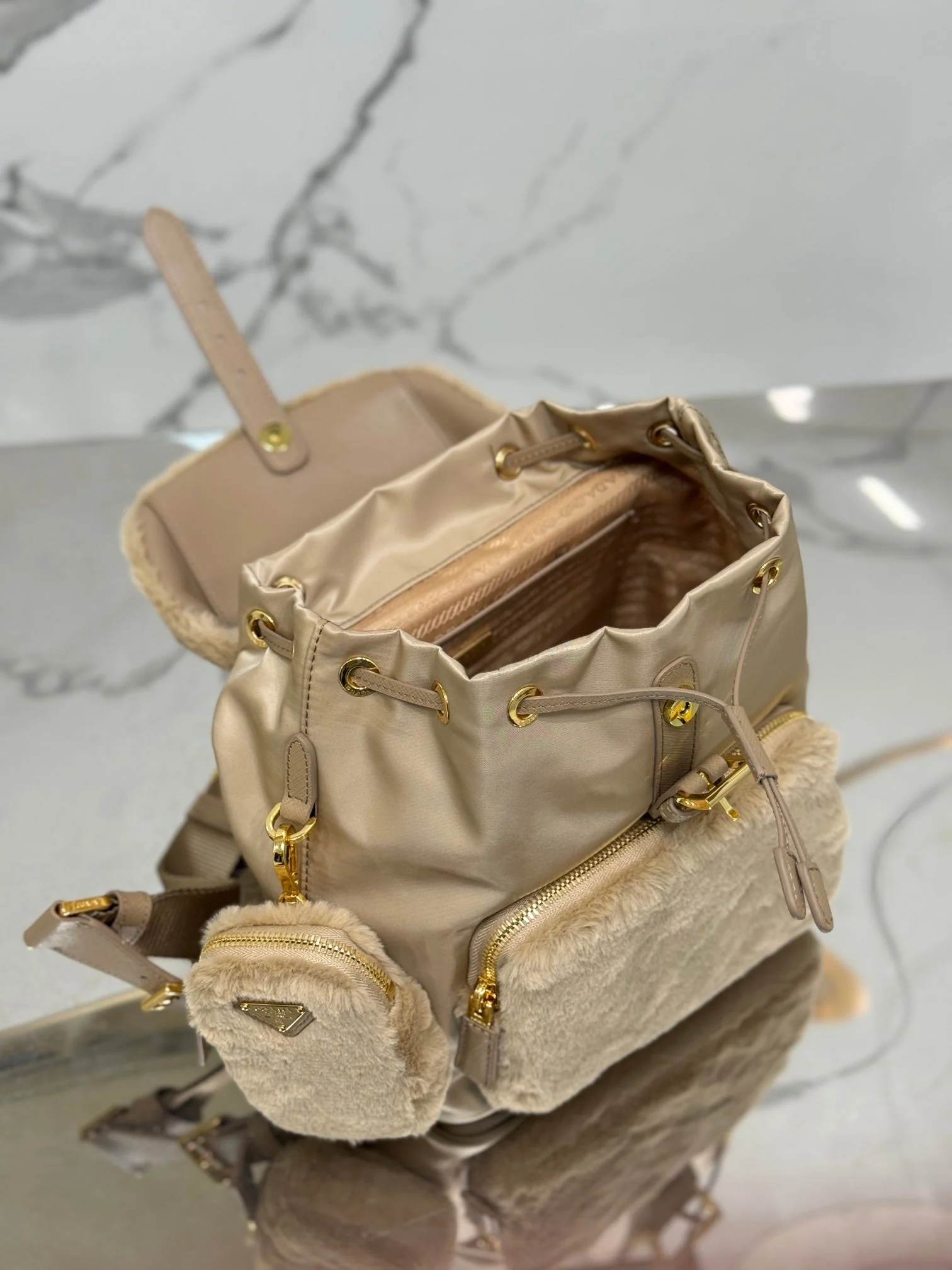 Prada BACKPACK 25 IN BEIGE PARACHUTE FABRIC AND RABBIT FUR