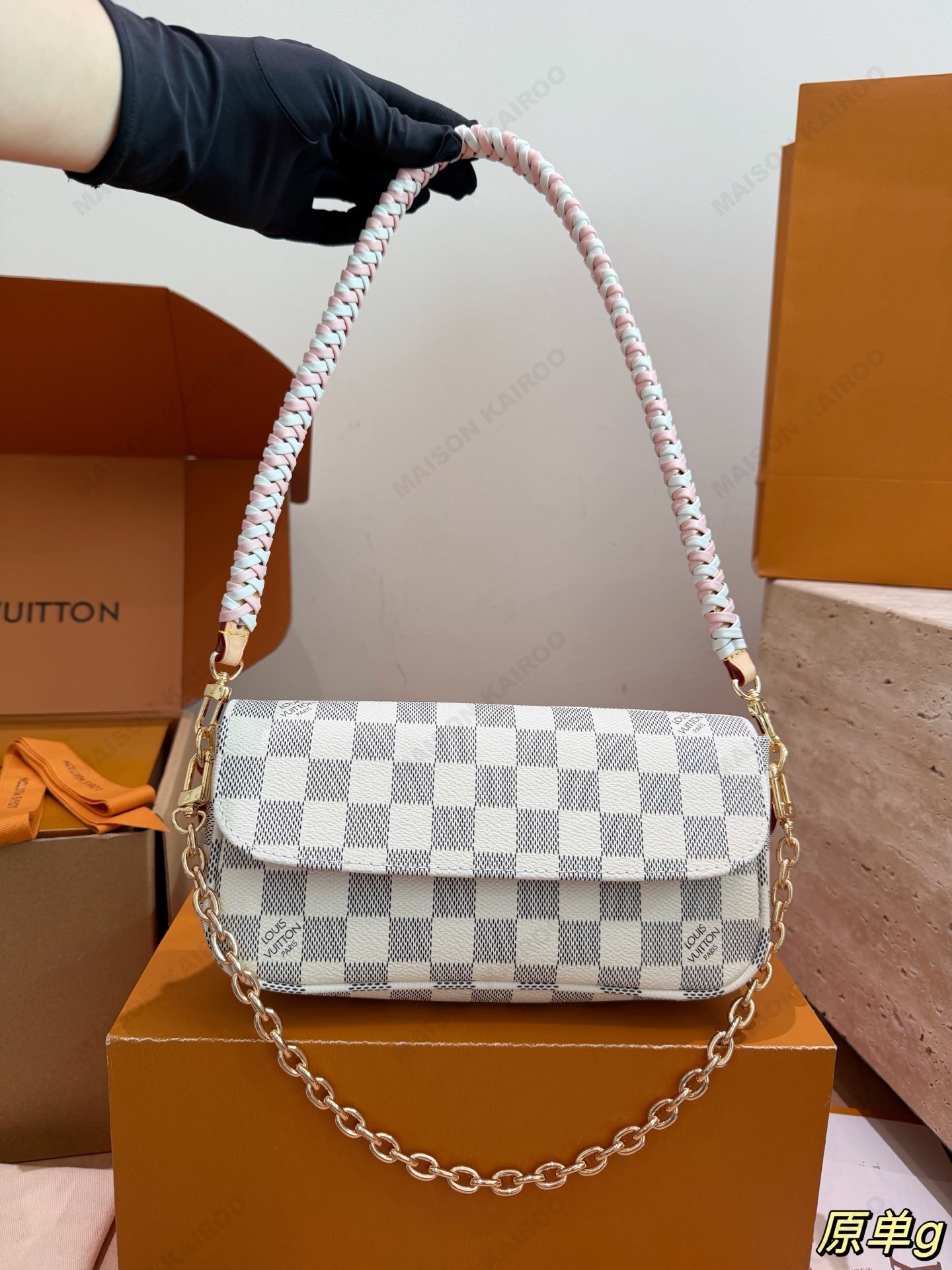 Louis Vuitton LV Ivy WOC Damier Azur Coated Canvas Braided Leather Strap Baguette Hobo Shoulder Bag - KAIROO