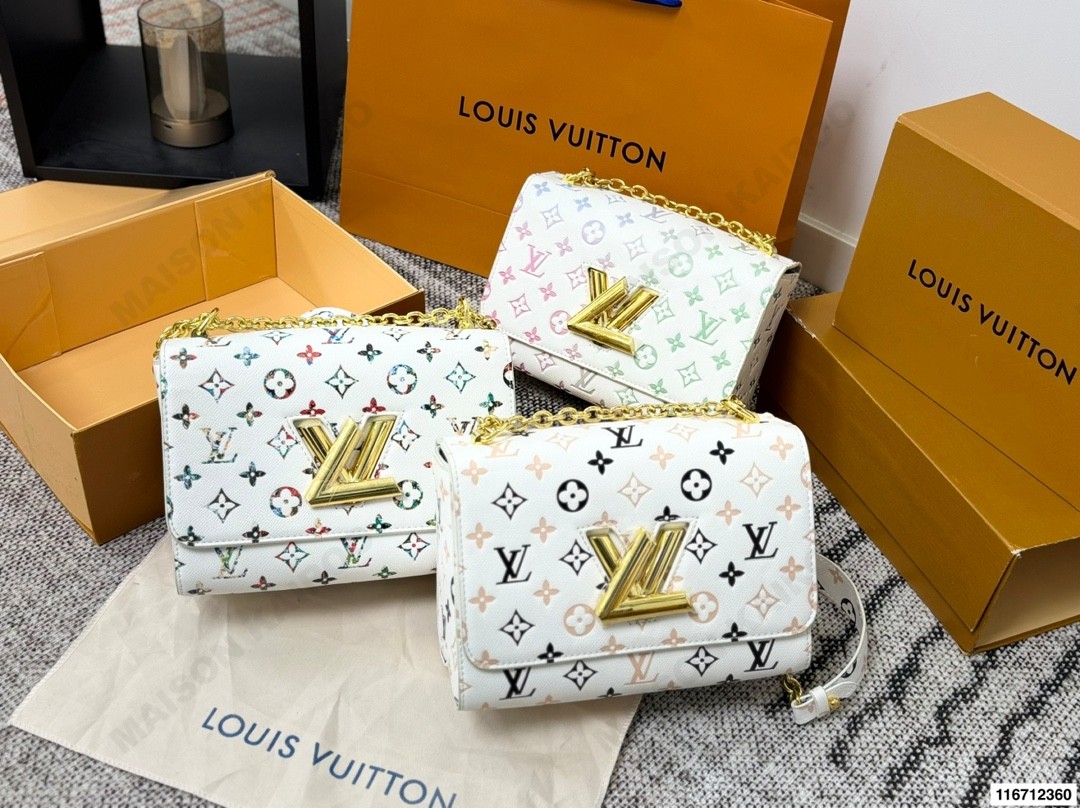 Louis Vuitton LV Twist Lock MM Multicolor Monogram Printed White Leather Gold Logo Flap Shoulder Bag - KAIROO