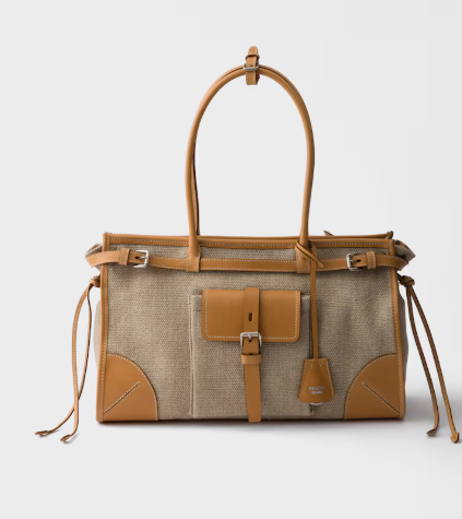 Prada Bonnie linen and leather Large tote bag 1BA433