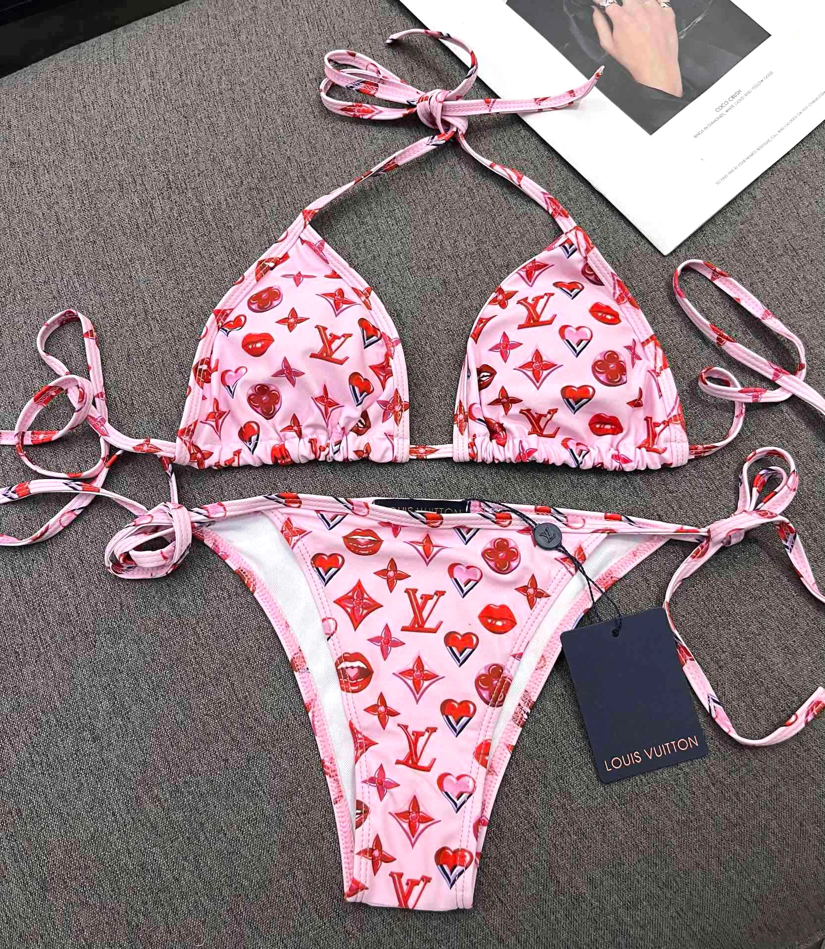 Louis Vuitton LV  Pink Heart & Lips Print Monogram Tie Strap Triangle Bikini Set Swimwear - KAIROO