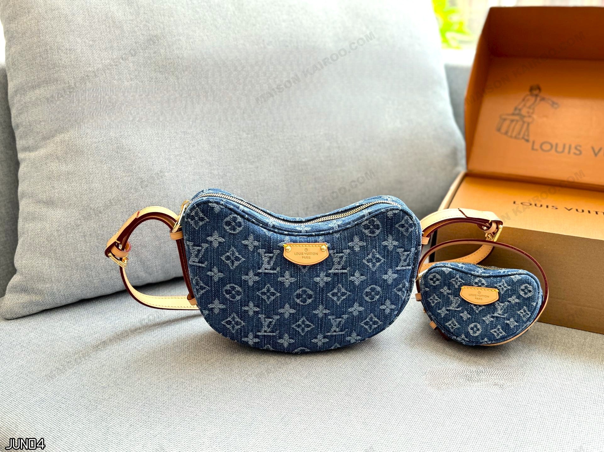 Louis Vuitton LV Croissant MM Monogram Denim Canvas Heart Hobo Shoulder Bag With Mini Pouch - KAIROO