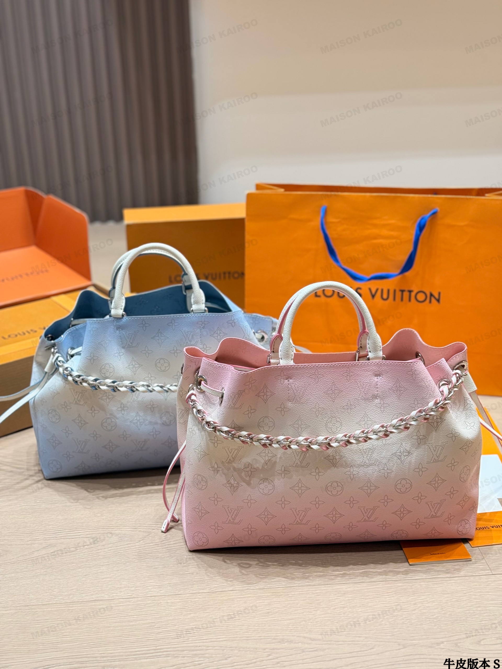 Louis Vuitton LV Mahina Bella Tote Pink&Blue Gradient Perforated Calf Leather Drawstring Bucket Top Handle Bag - KAIROO