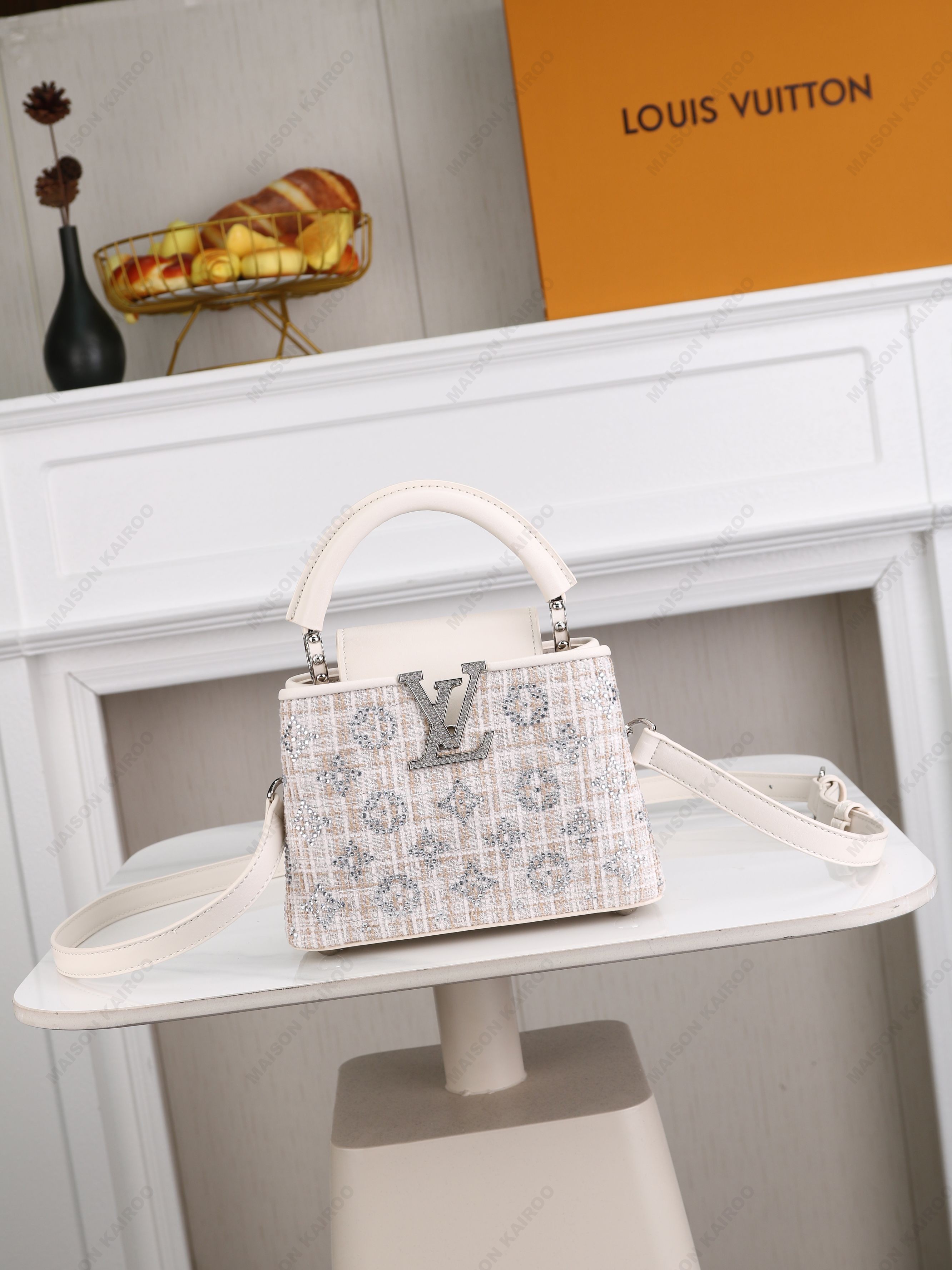 Louis Vuitton LV Capucines BB/Mini/East West Beige Tweed Logo Crystal Monogram Leather Top Handle Bag - KAIROO