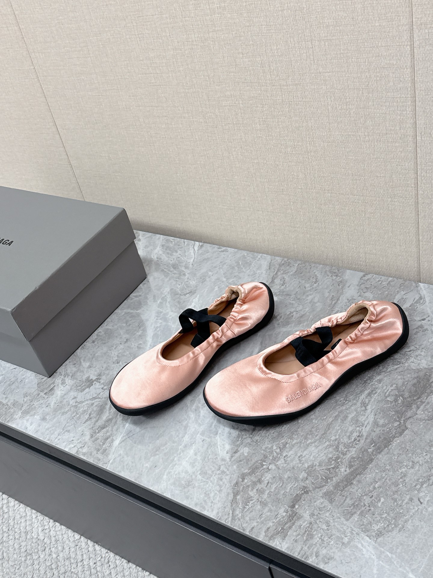 Balenciaga Leopold Pink Satin Elastic Strap Side Embroidered Logo Round Toe Ballet Flats - KAIROO