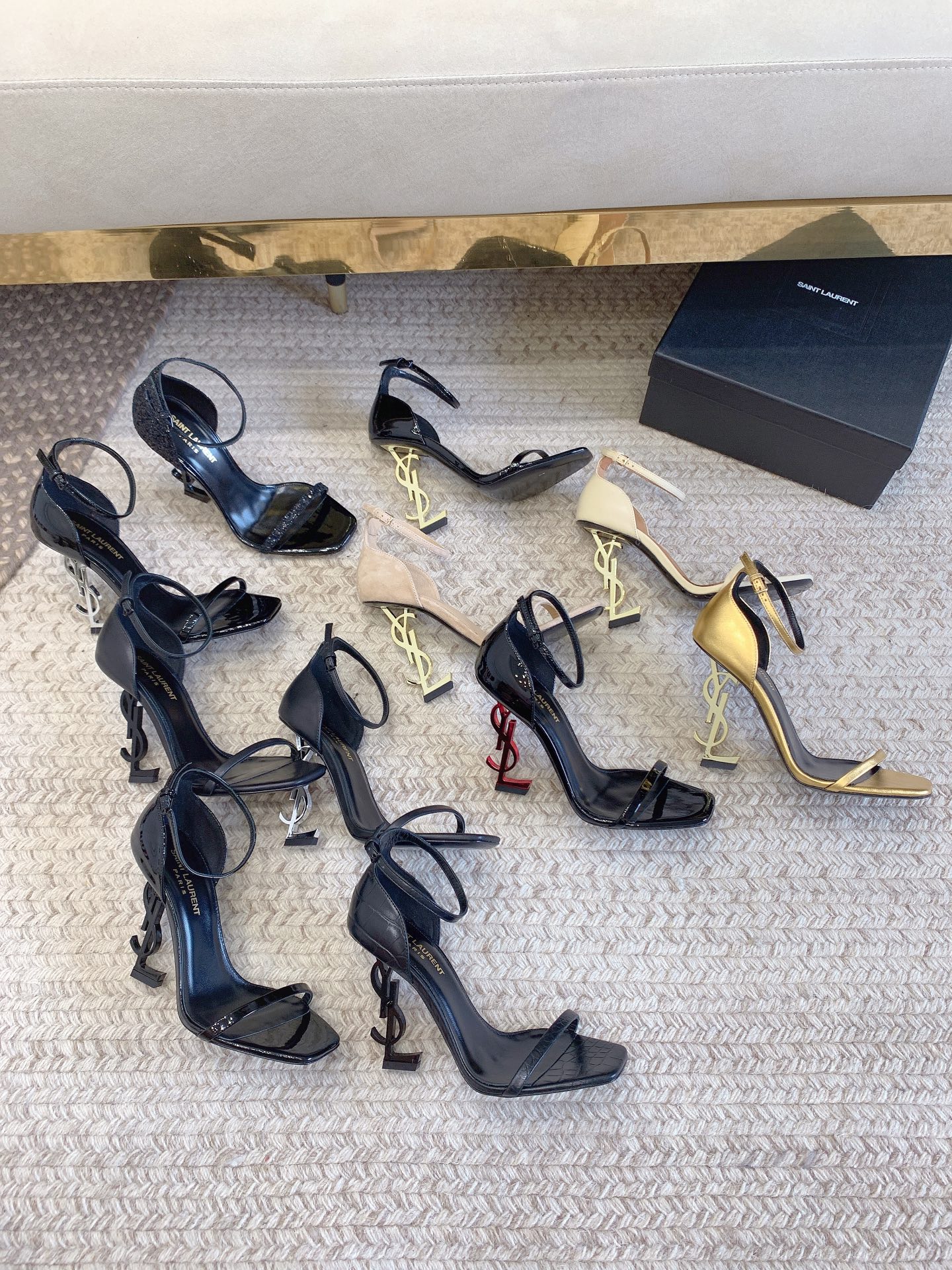Saint Laurent Patent/Smooth/Suede Leather Square Toe Metal YSL Logo Opyum Heel Ankle Strap Sandals - KAIROO