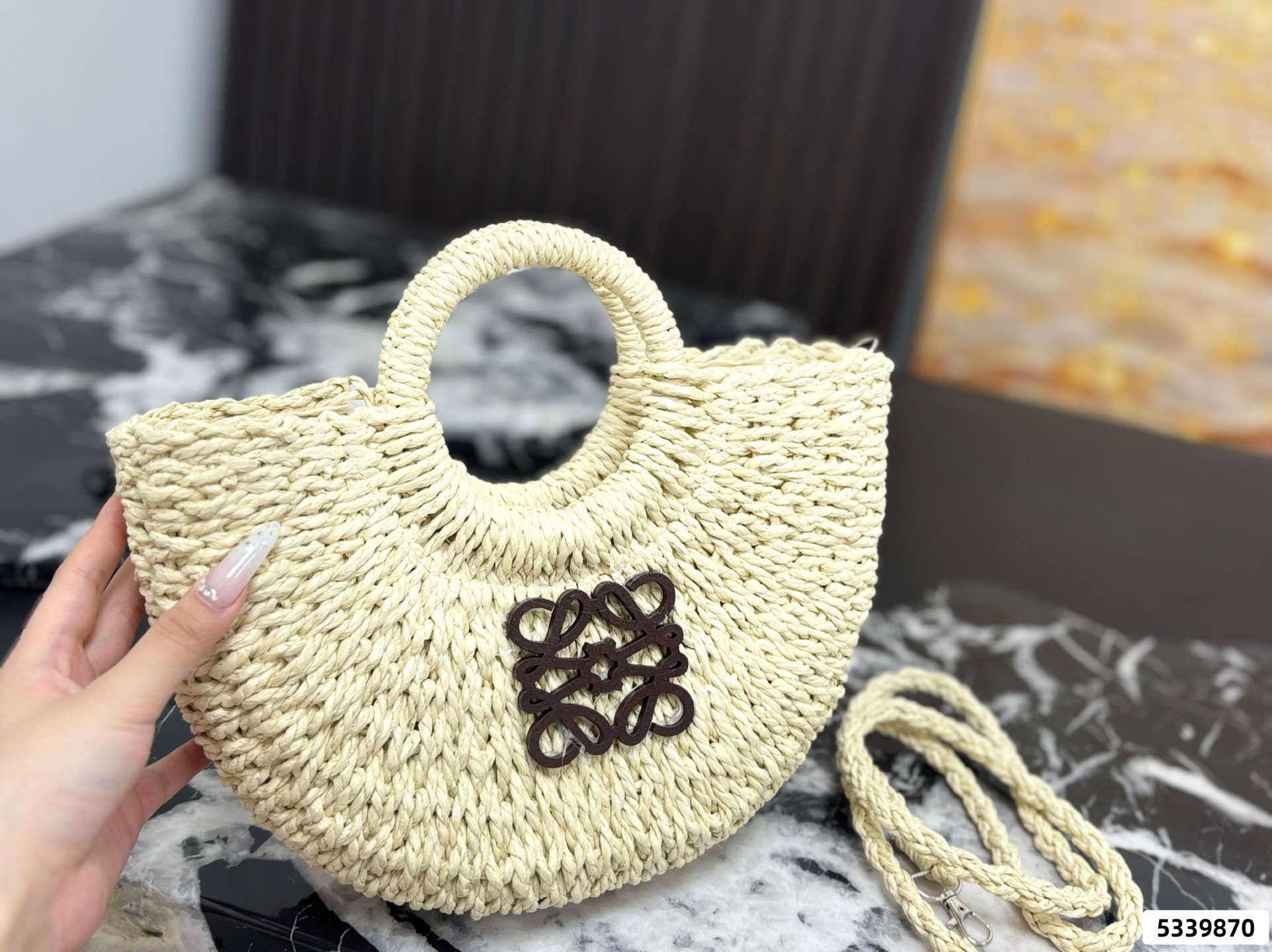 Loewe Paula's Ibiza Crescent Half-Moon Raffia Leather Anagram Logo Basket Woven Top Handle Bag - KAIROO