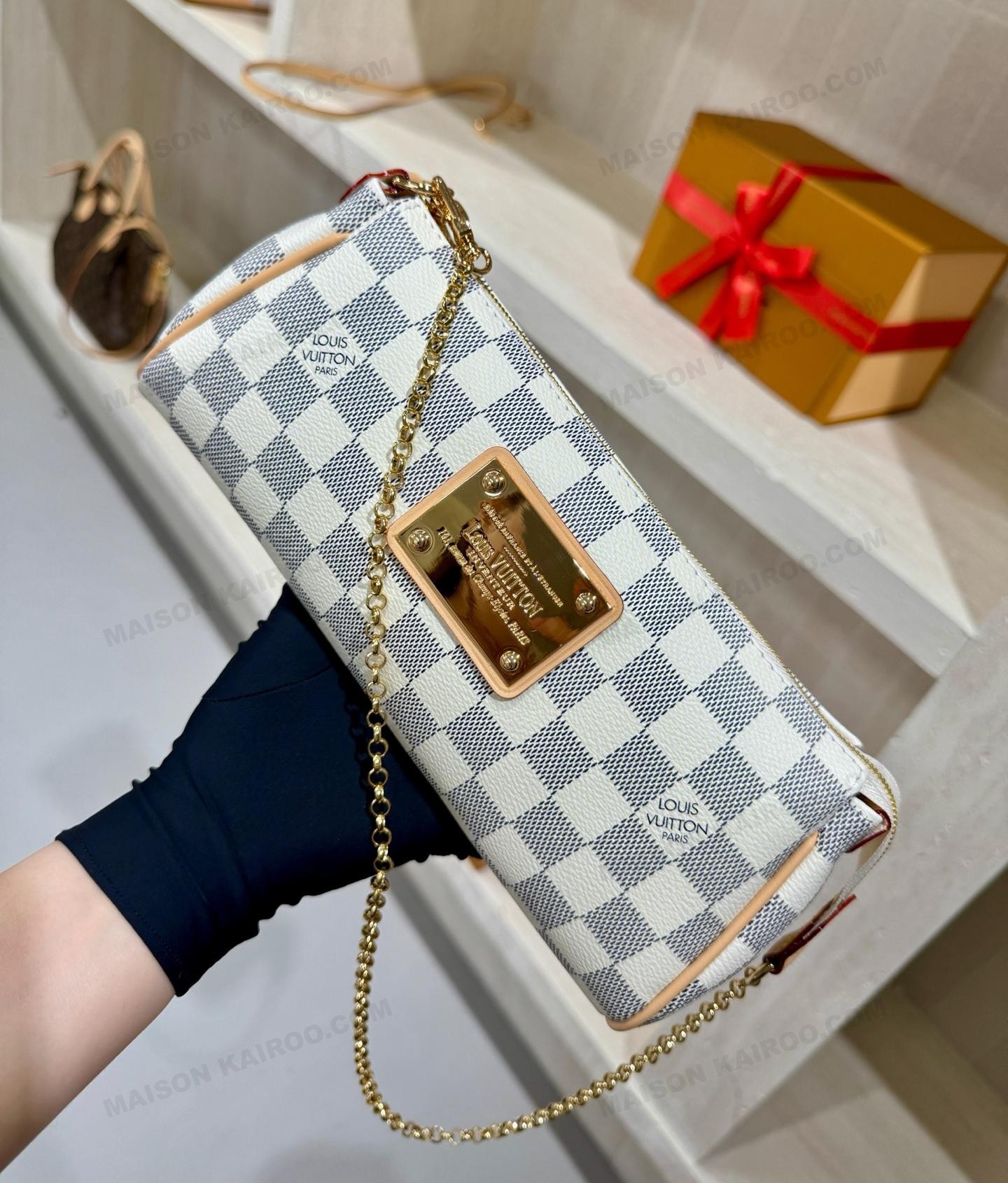 Louis Vuitton LV Pochette Eva Damier Azur White Canvas Gold Plate Horizontal Baguette Hobo Shoulder Bag - KAIROO