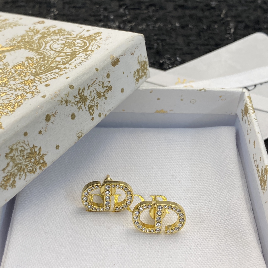 Dior Gold CD Studs with White crystals