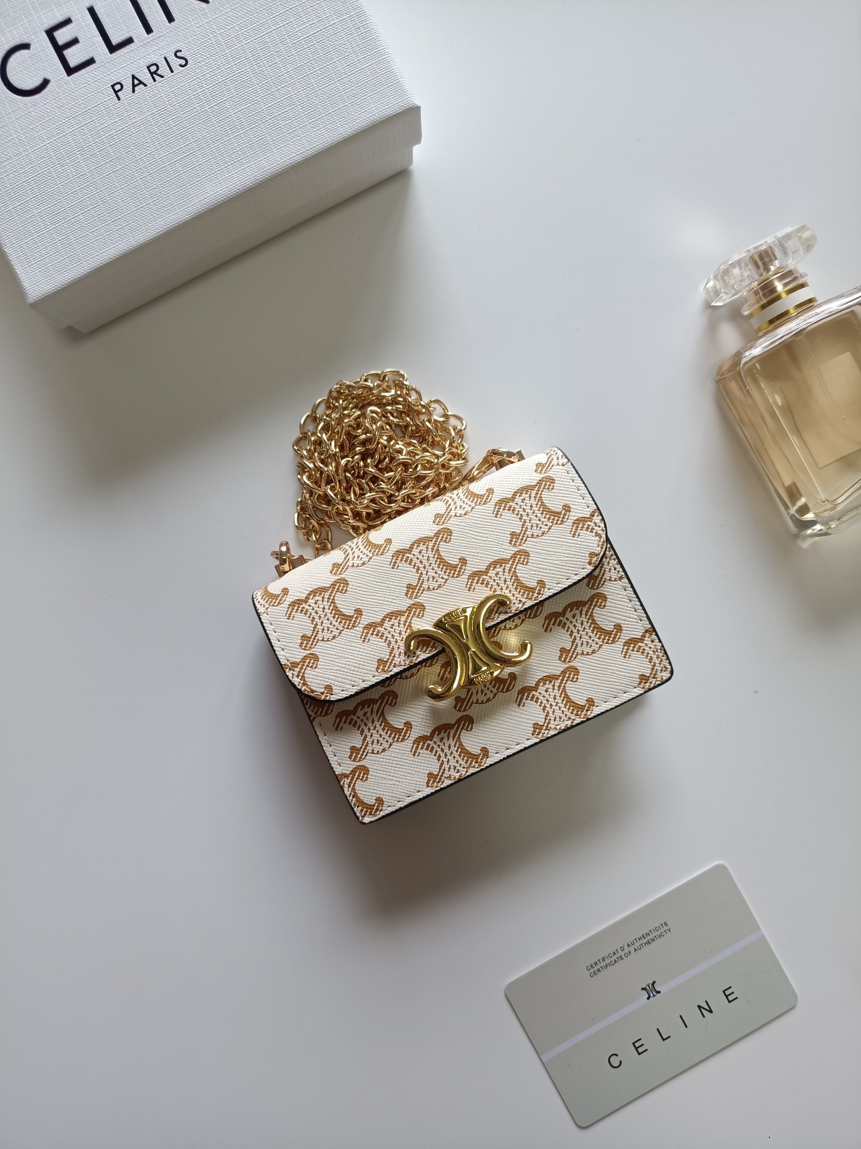 Celine Mini White Triomphe Monogram Canvas Gold Chain Box Crossbody Bag &  Wallet - KAIROO