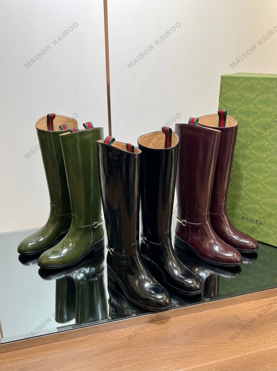 Gucci Horsebit Tall Chain Patent Leather Back Pull Tab Knee High Flat Boots - KAIROO