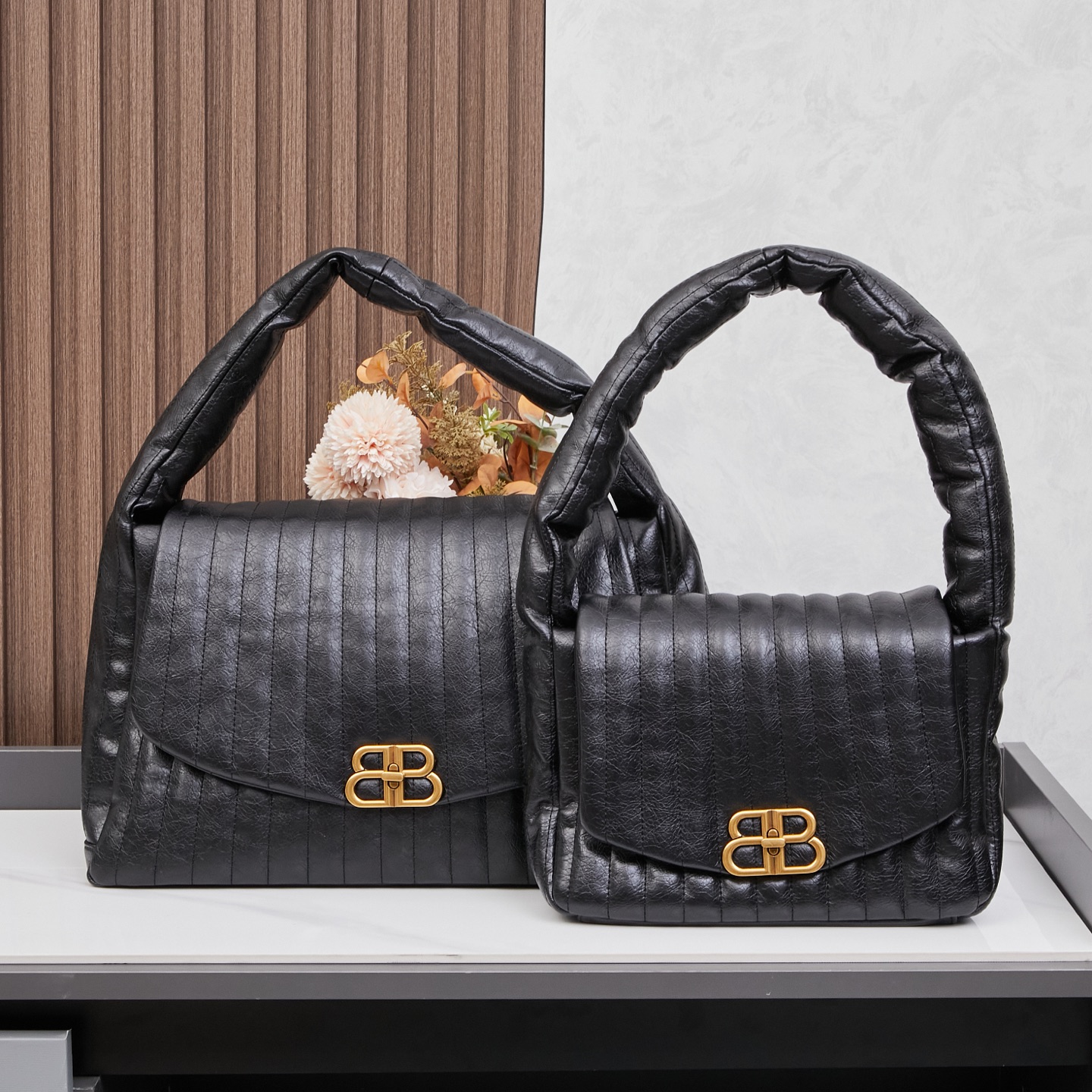 Balenciaga Monaco Black Padded Slouchy Quilted Leather BB Logo Puffy Handle Shoulder Tote Bags - KAIROO