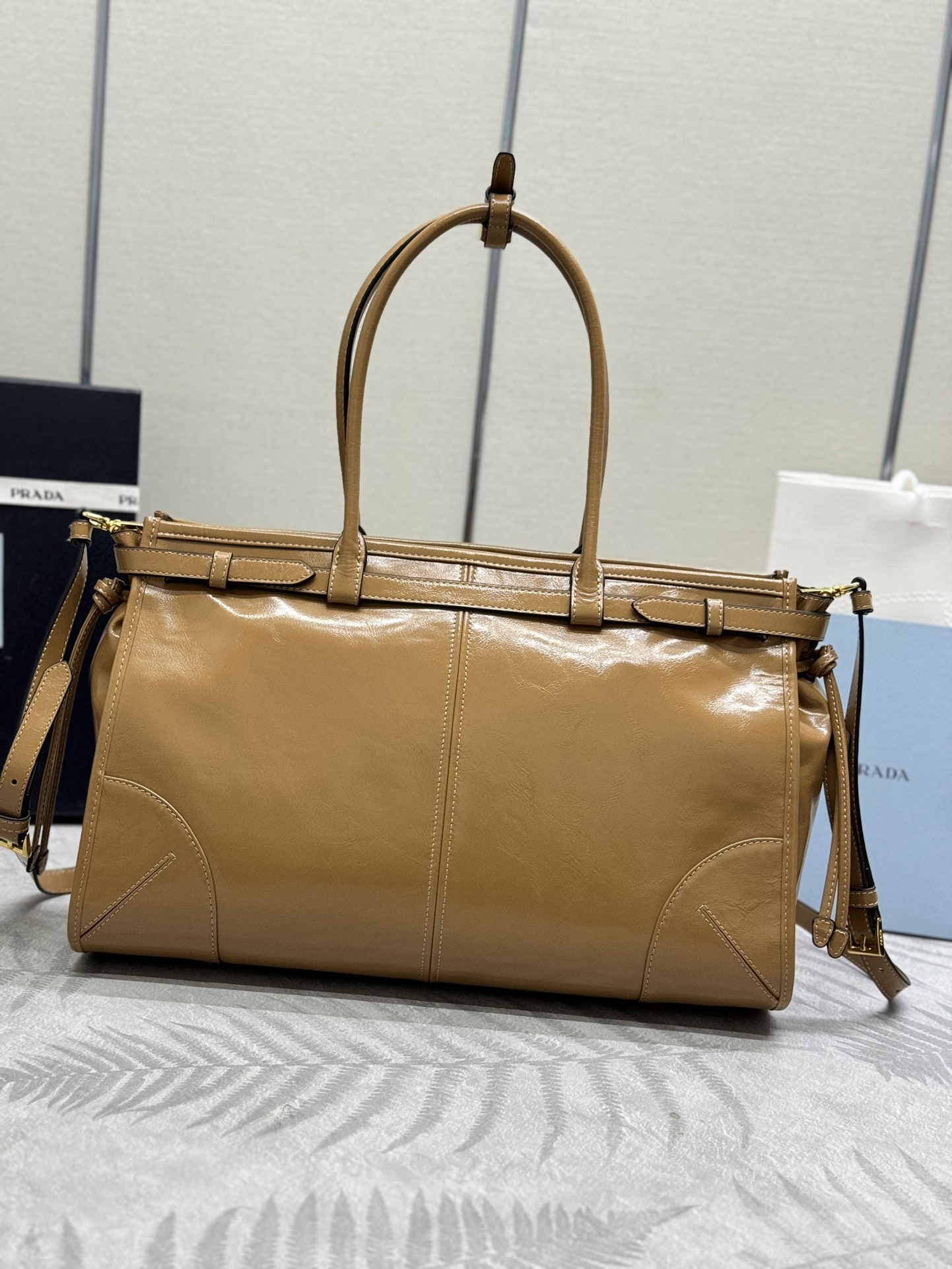 Prada Bonnie large leather handbag-Cameo 1BA433