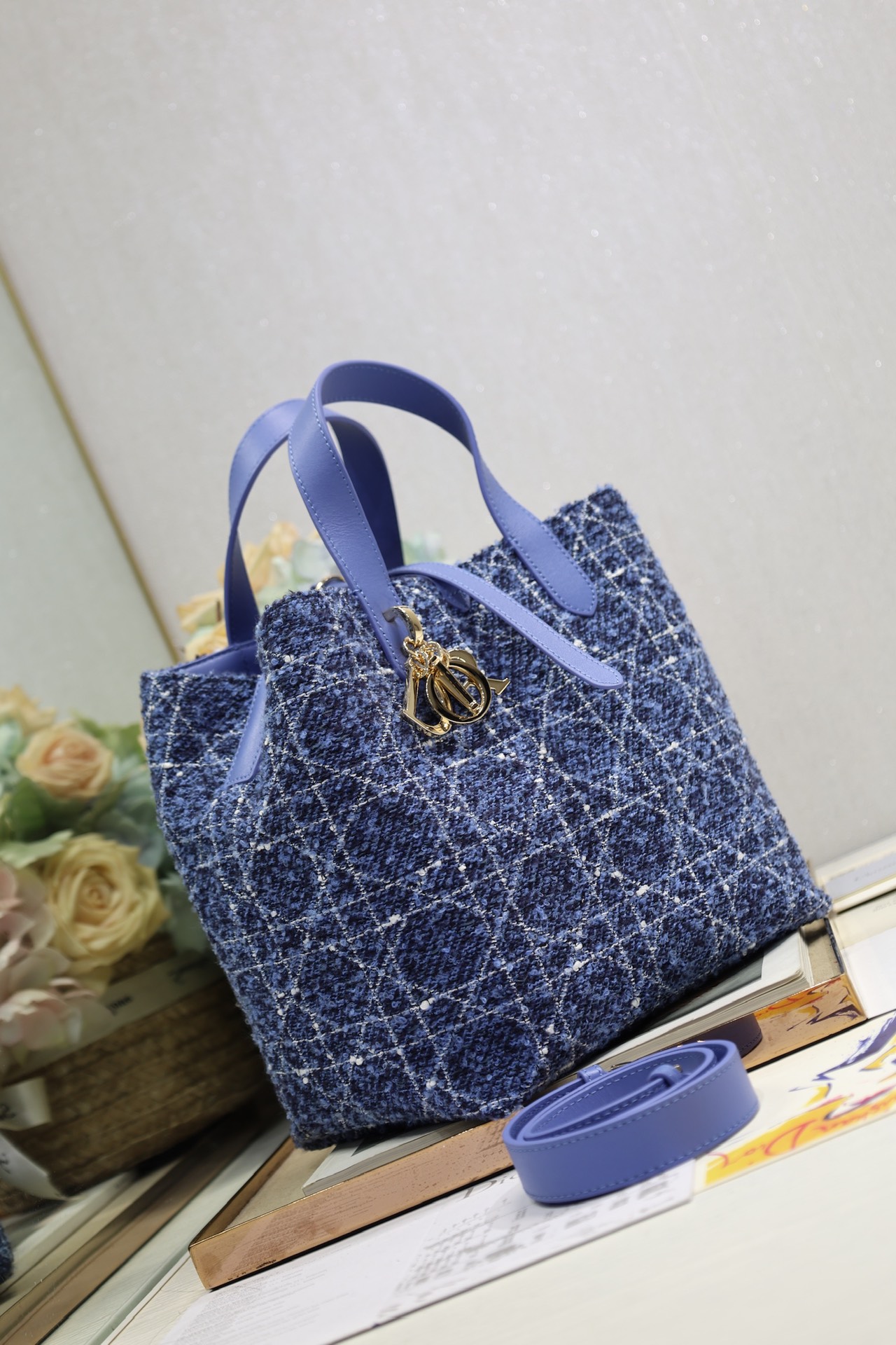 Dior Medium Vertical Toujours in Blue Tweed Canvas
