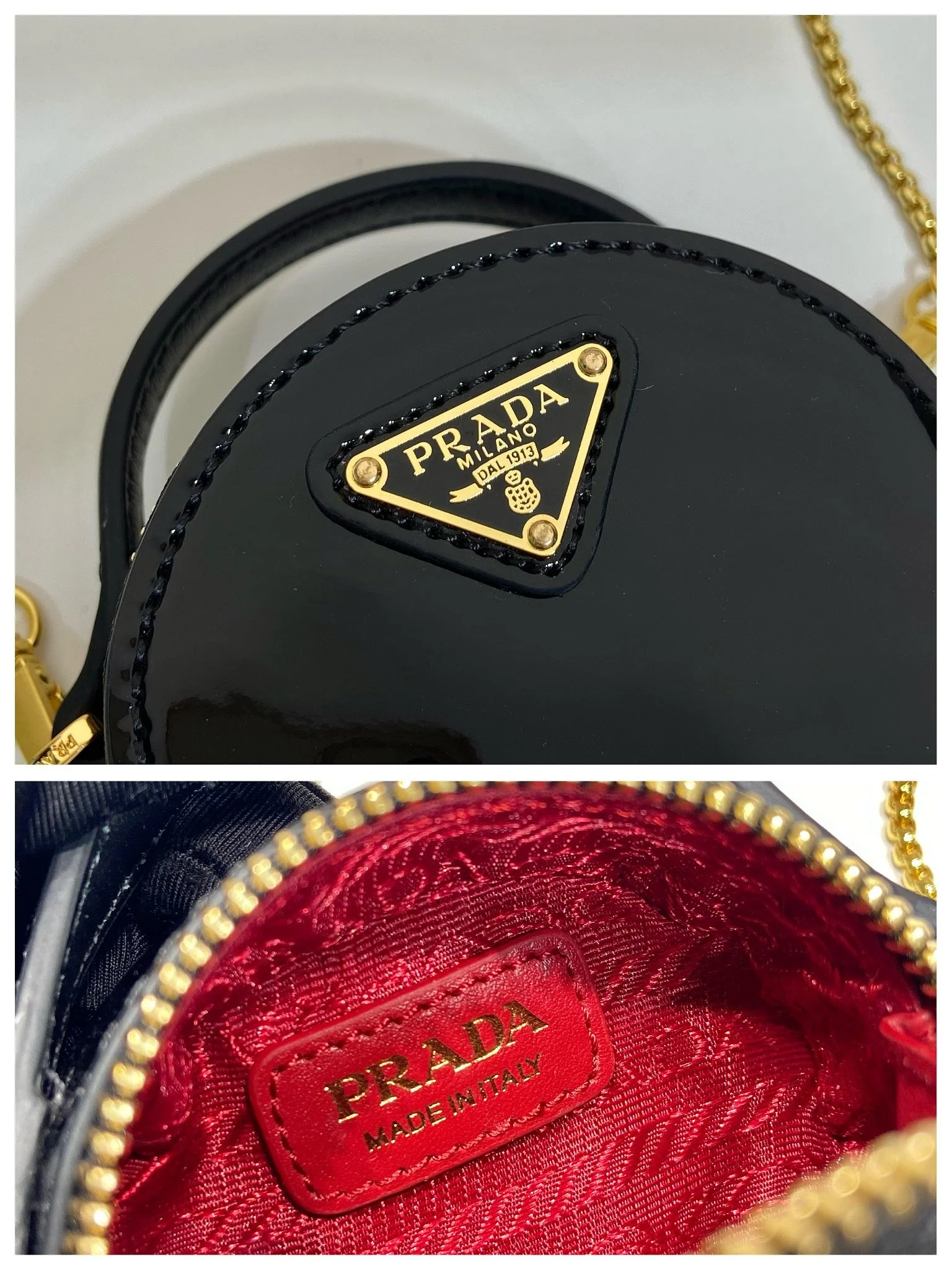 Prada MINI ROUND BAG 8 IN BLACK GLOSSY CALFSKIN GOLD HARDWARE