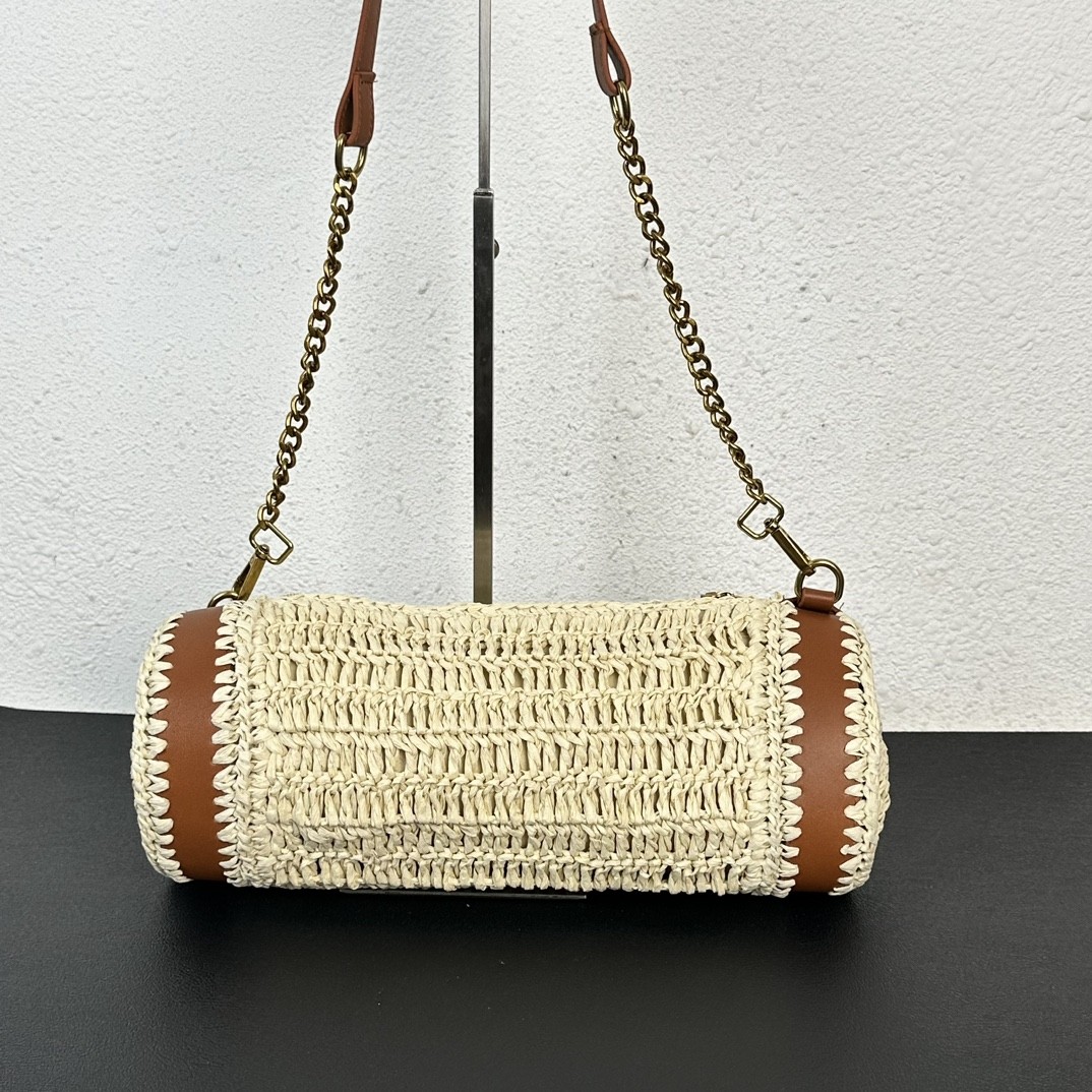 Saint Laurent YSL Woven Raffia Leather Trim Cassandre Logo Cylinder Chain Barrel Shoulder Bag - KAIROO
