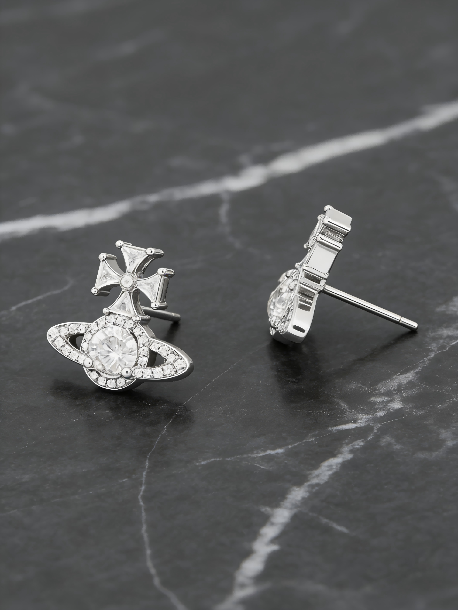 Chic Silver Crystal Saturn Studs, Glittering Zircon Planet Earrings, Daily Wear Jewelry