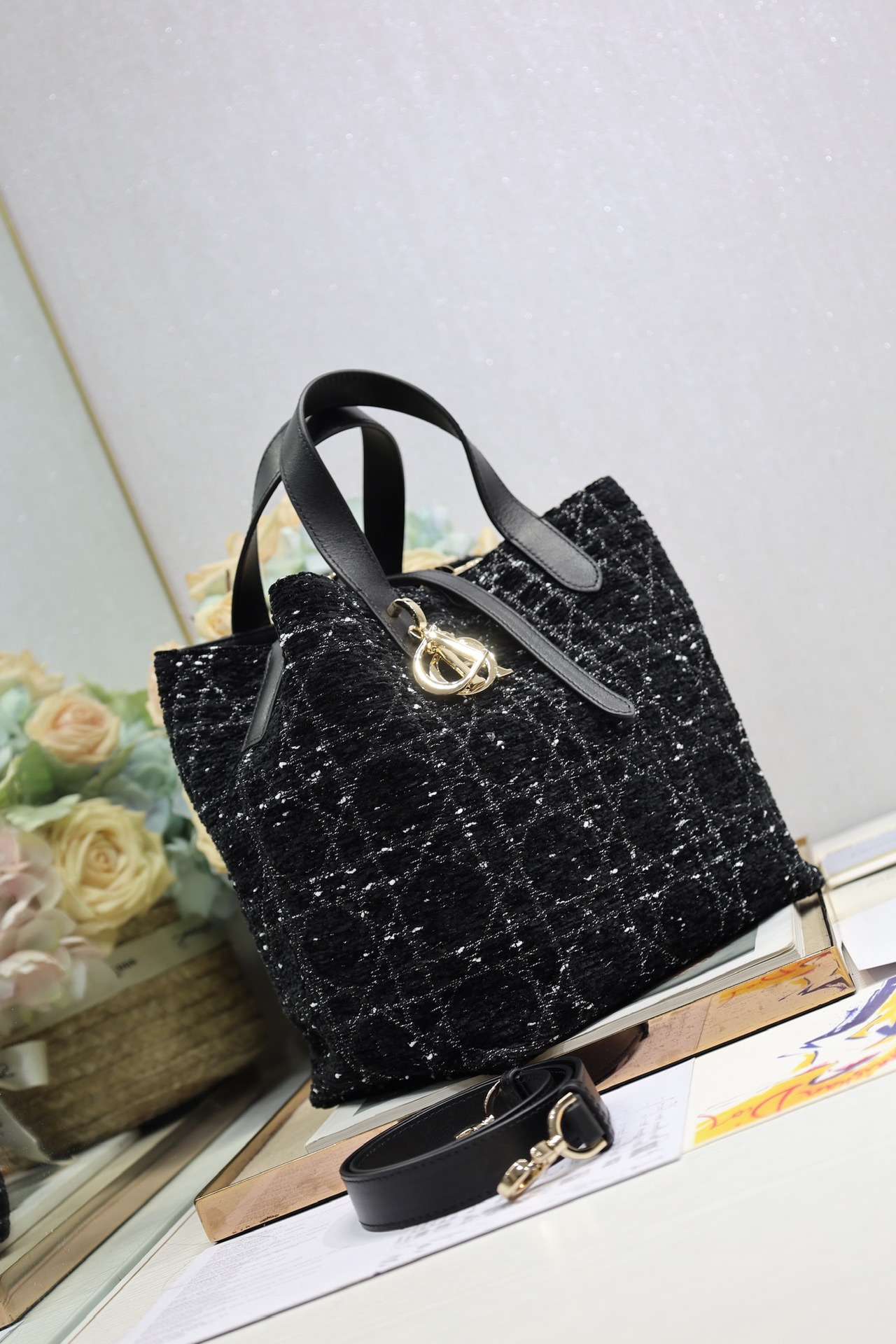 Dior Medium Vertical Toujours in Black Tweed Canvas