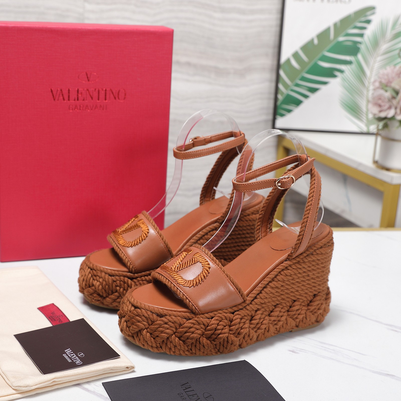 Valentino Garavani Tan Smooth Leather VLogo Embroidered Platform Jute Wedge Espadrille Sandal Heels - KAIROO