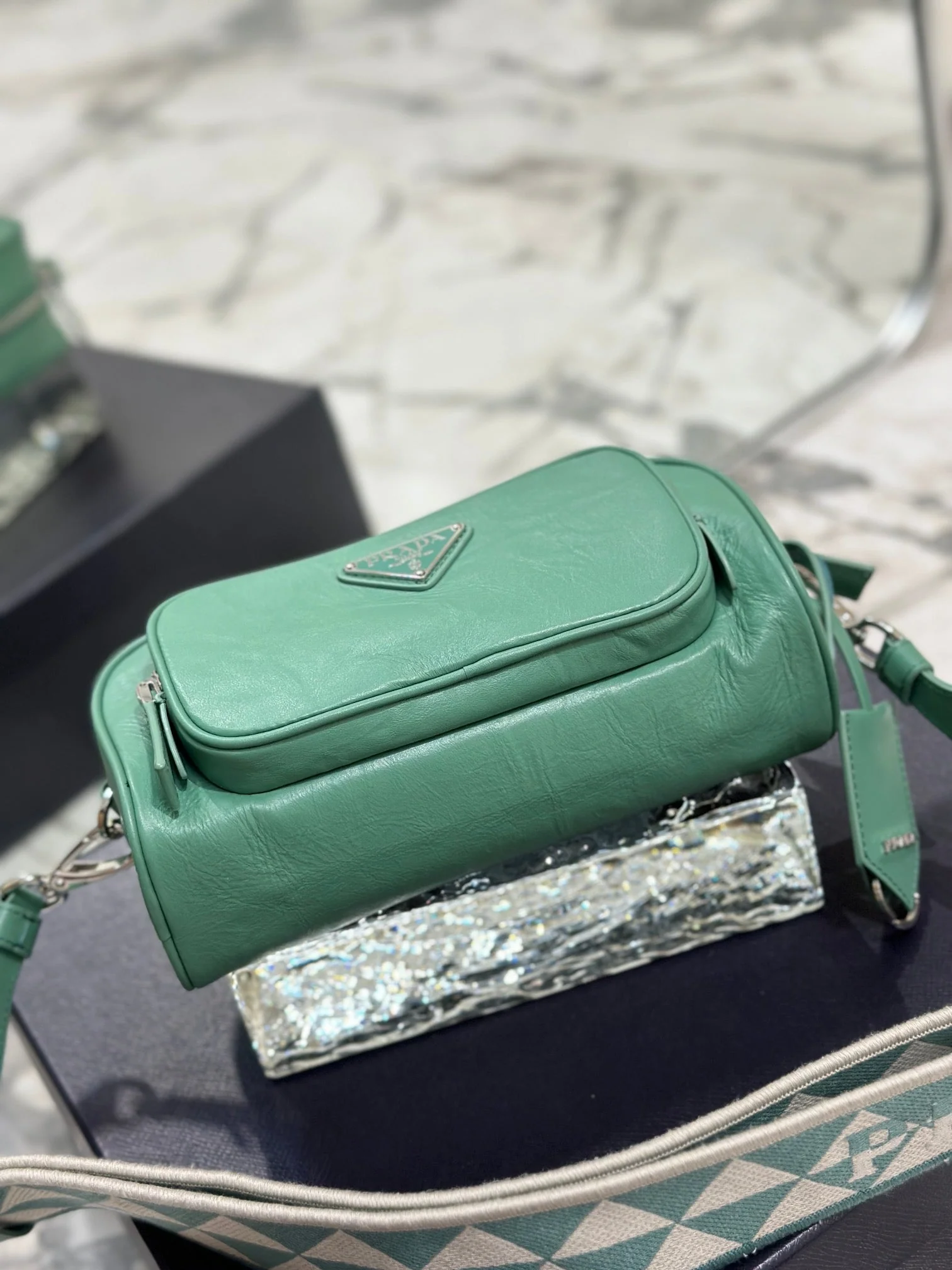 Prada CAMERA BAG 23 IN CASTLETON GREEN WRINKLED LAMBSKIN