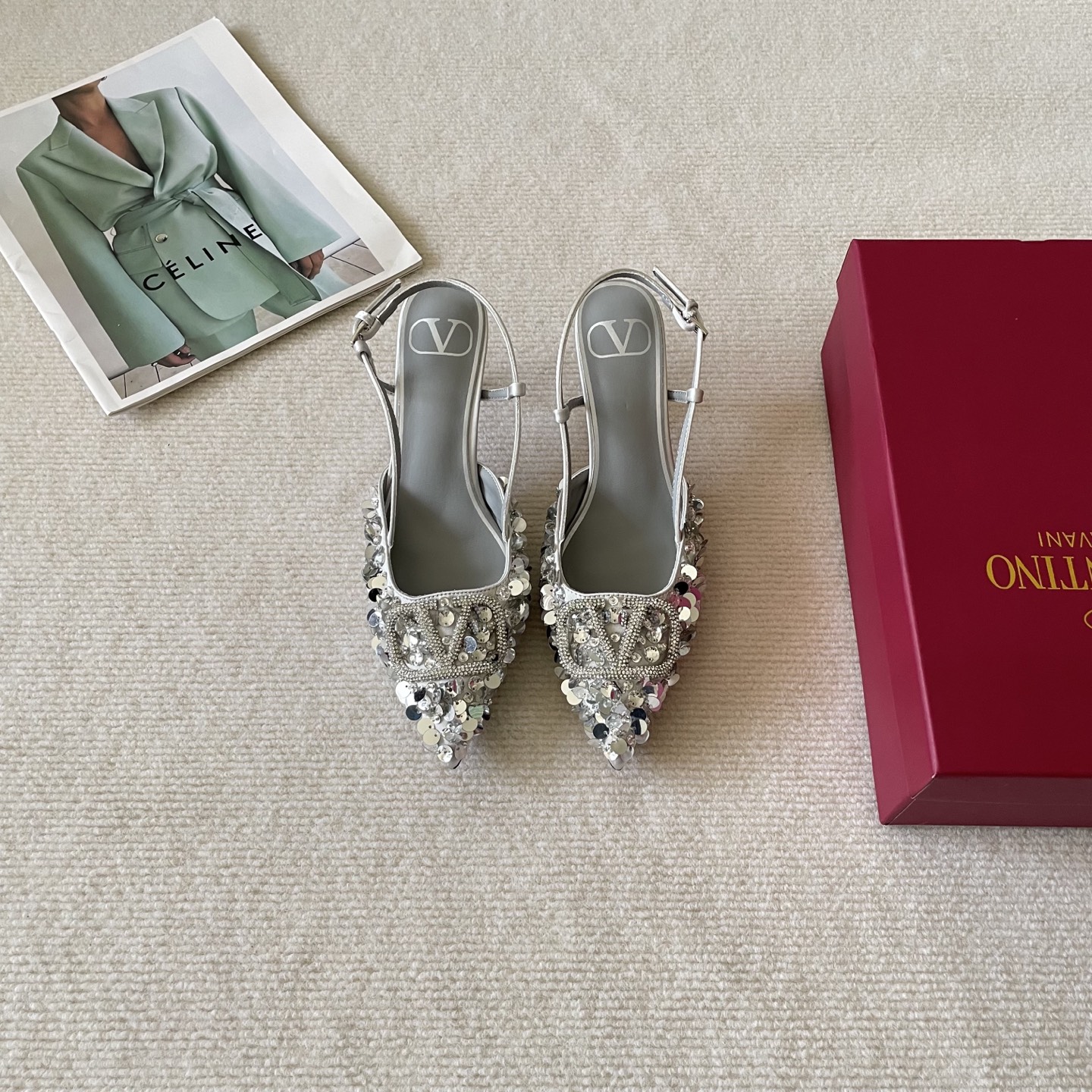 Valentino Garavani VLogo Silver Pointed Toe Sequin Embroidered Leather Slingback Pumps Heels - KAIROO