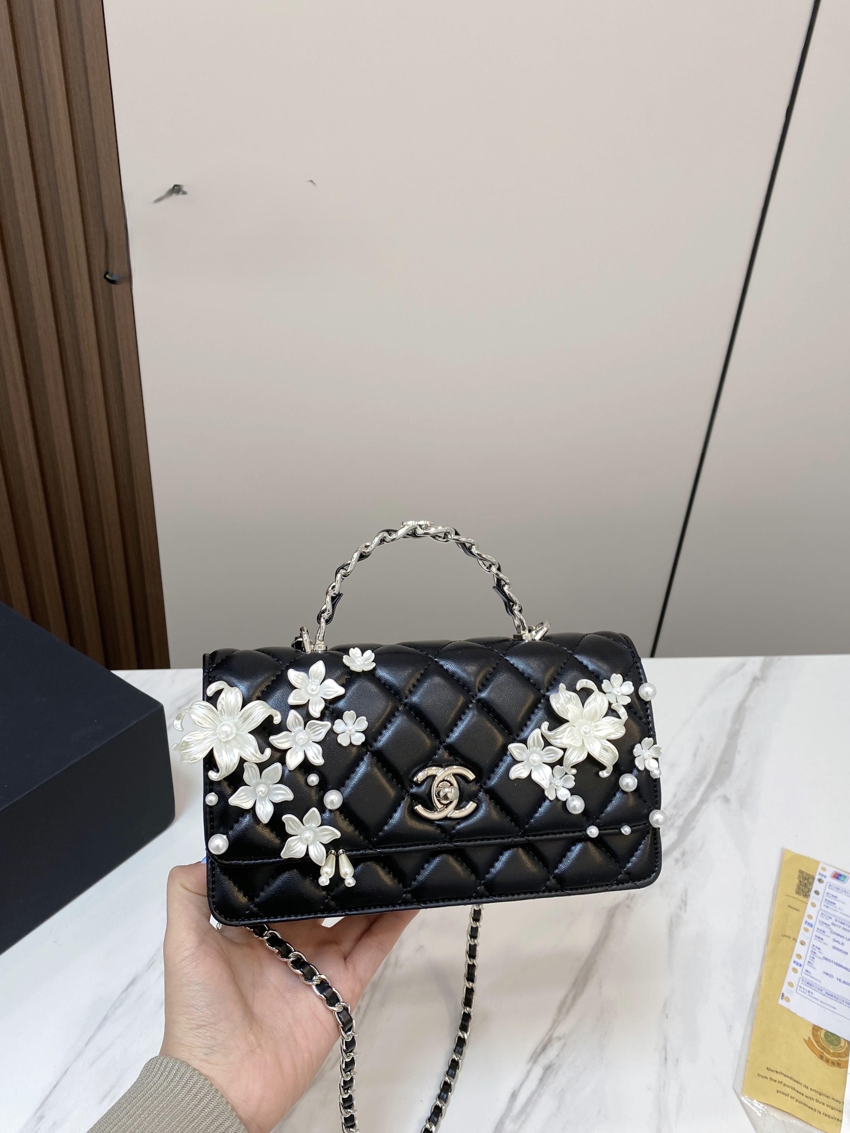 Chanel Mini CF Handle 19CM Quilted Leather Camellia Floral & Pearl Embellished Applique Chain Shoulder Bag - KAIROO