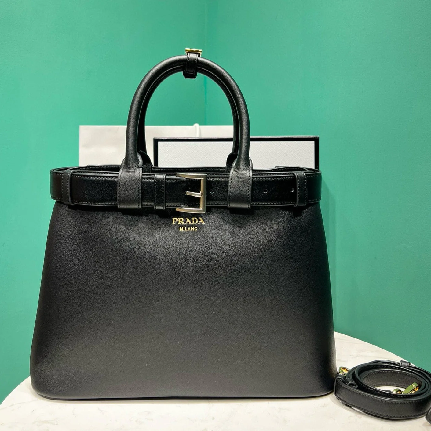Prada  buckle medium 35cm black calfskin gold hardware