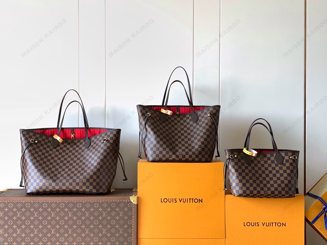 Louis Vuitton LV Neverfull PM/MM/GM Damier Ebene Canvas Red & Pink Lining Tote Top Handle Bag With Pouch - KAIROO