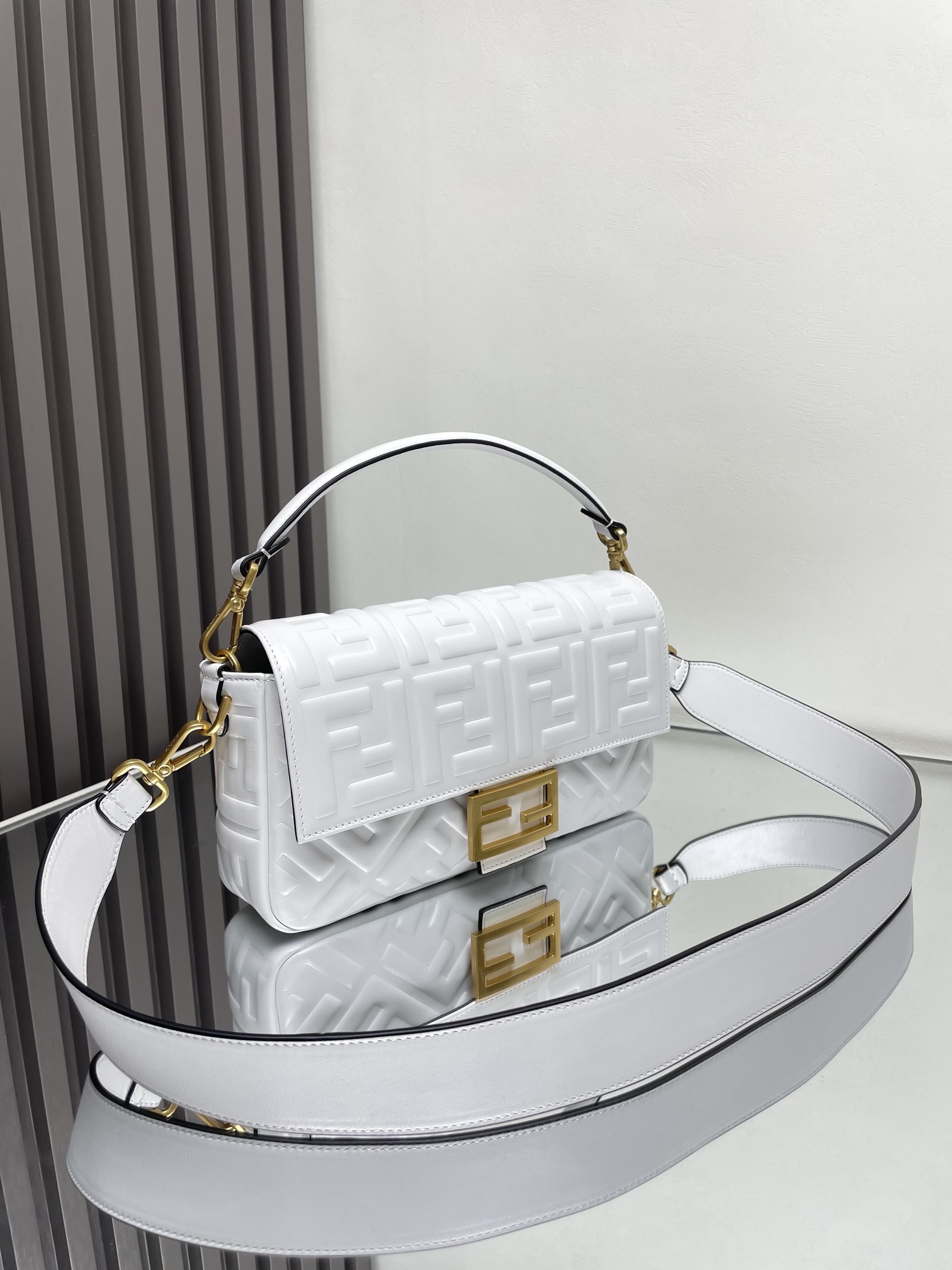 Fendi Medium Baguette FF Embossed Leather Bag-White