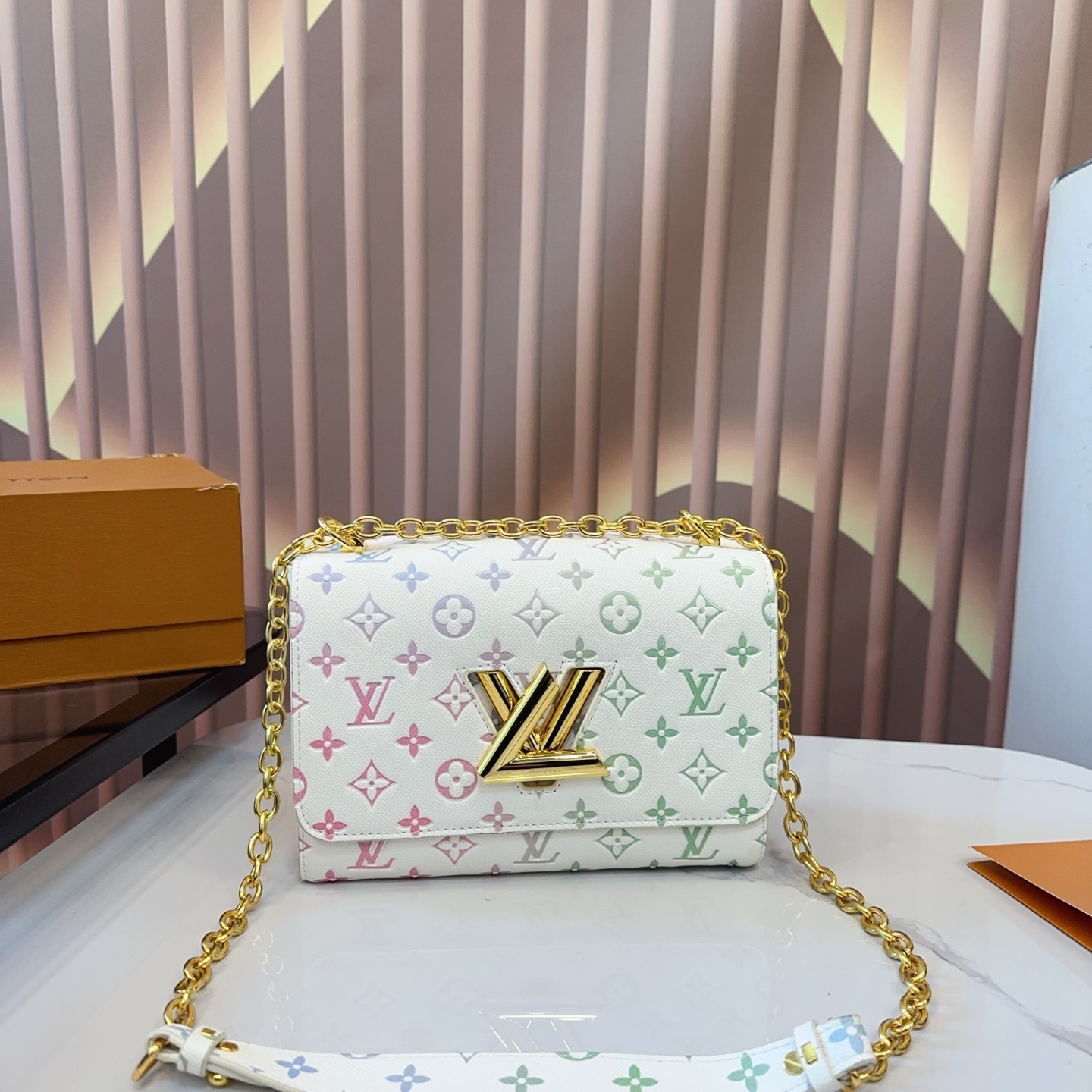 Louis Vuitton LV Twist Lock MM Multicolor Monogram Printed White Leather Gold Logo Flap Shoulder Bag - KAIROO