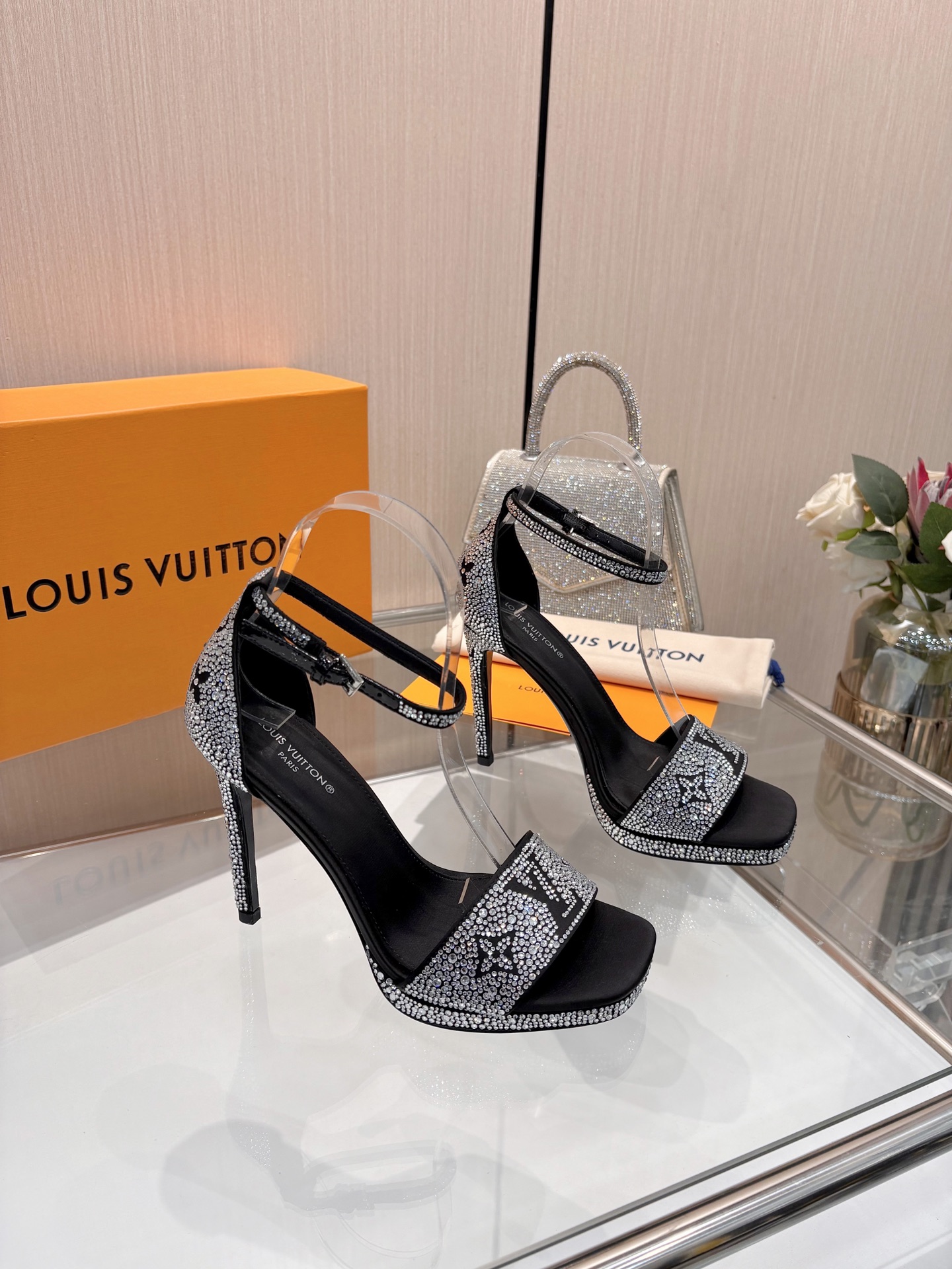 Louis Vuitton Monogram Black Fully Crystal Satin Lambskin Insole Platform Ankle Strap Sandals Heels - KAIROO