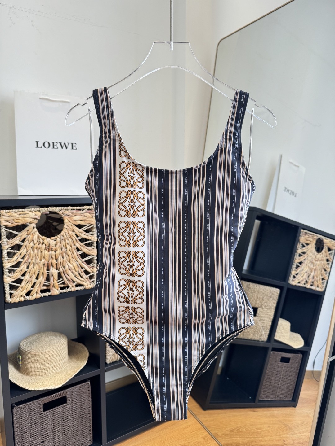 Loewe Anagram Chain Logo Vertical Stripe Slim-Fit Backless One-Piece Swimsuit - KAIROO