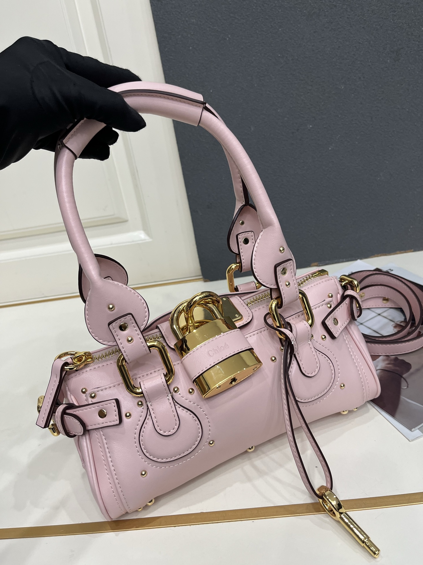 Chloe Paddington Pink Mini Oversized Rivet Padlock Key Smooth Leather Hobo Top Handle Bag - KAIROO