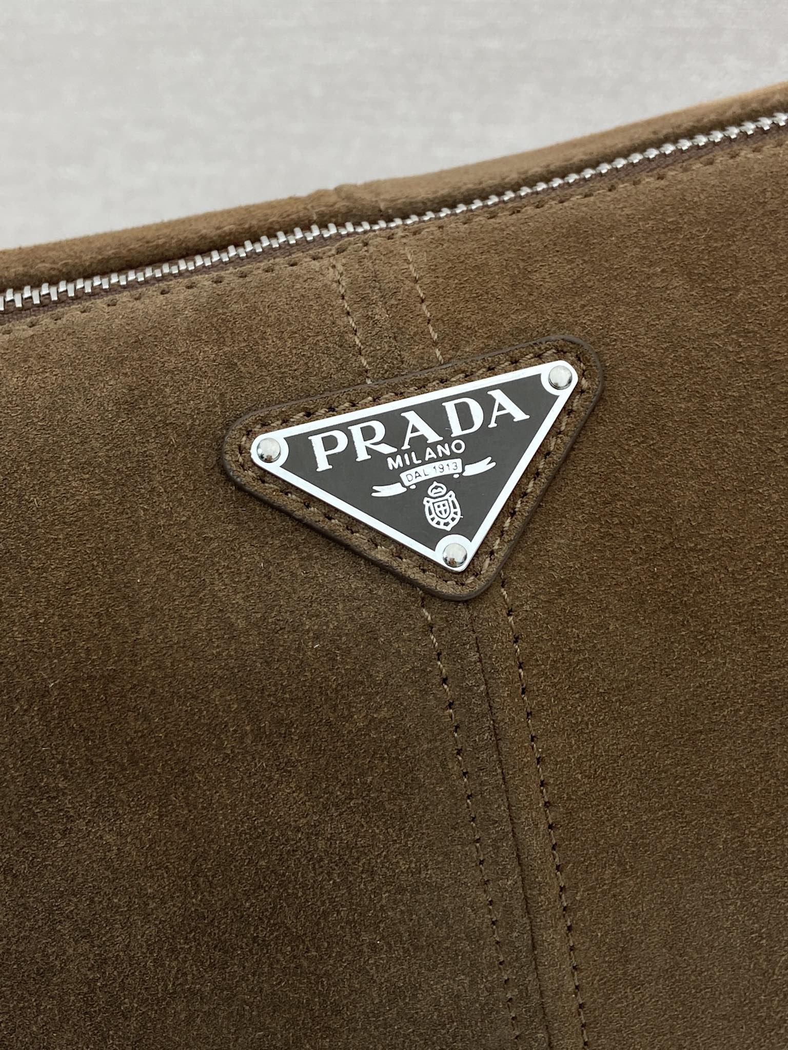 Prada HOBO BAG 35 IN GINGERBREAD SUEDE SILVER LOGO