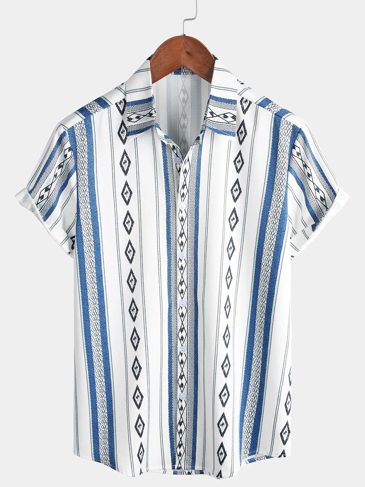Men's Retro 70s Blue White Striped Aztec Print Casual Button-Up Shirt