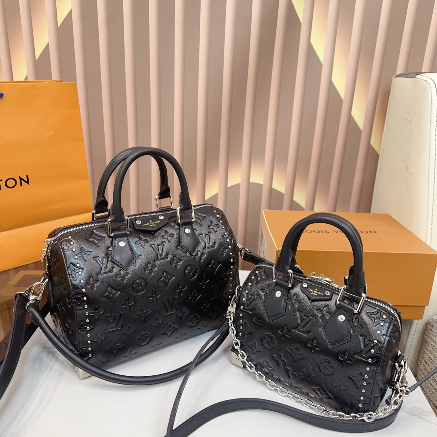 Louis Vuitton LV Speedy 20/26 Trunk Monogram Empreinte Total Black Leather Studded Boston Top Handle Bag - KAIROO